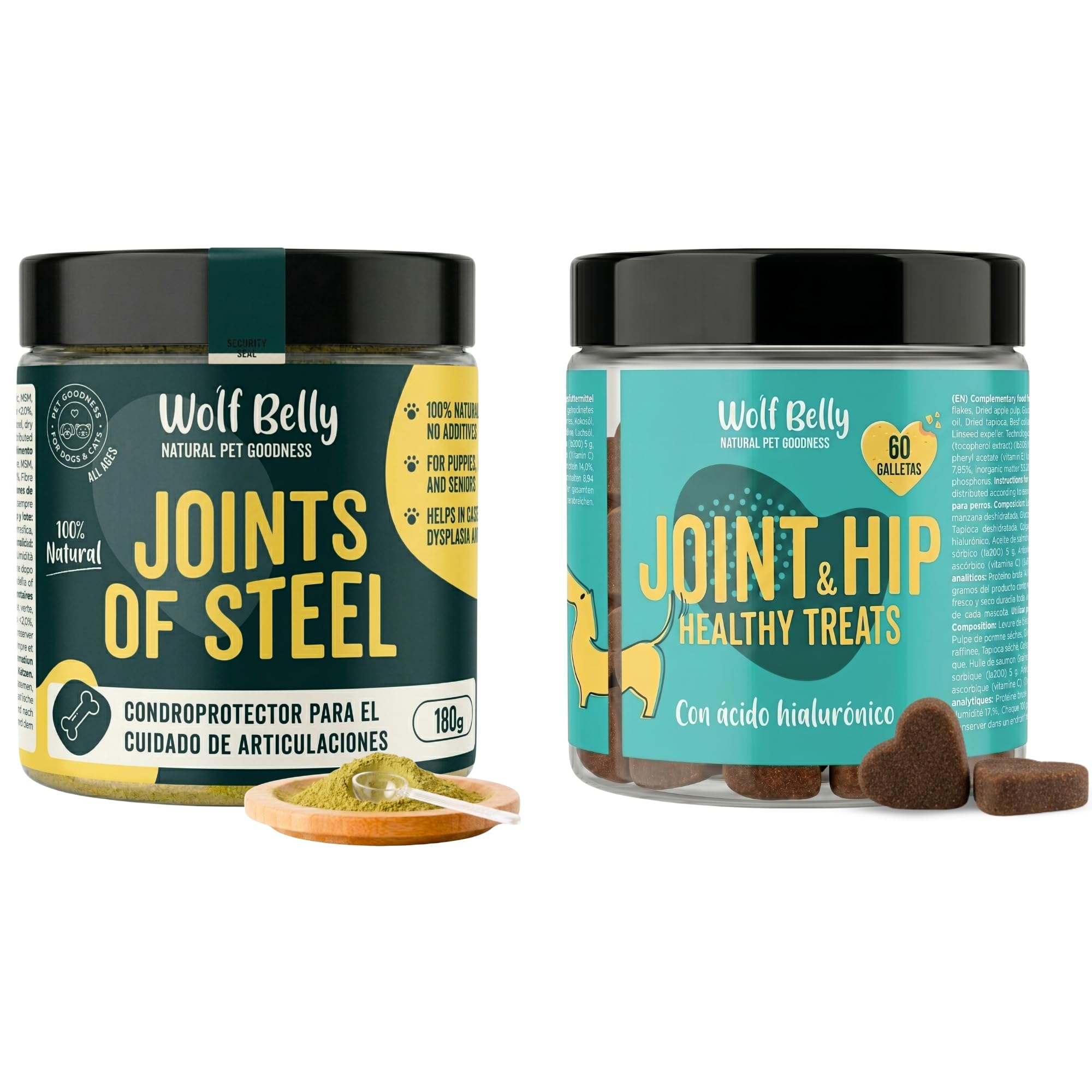 Wolf Belly - Pack Condroprotector para Perros | Suplemento Articular en Polvo + Galletas con Ácido Hialurónico | Articulaciones Fuertes | Antiinflamatorio - Hecho en Europa