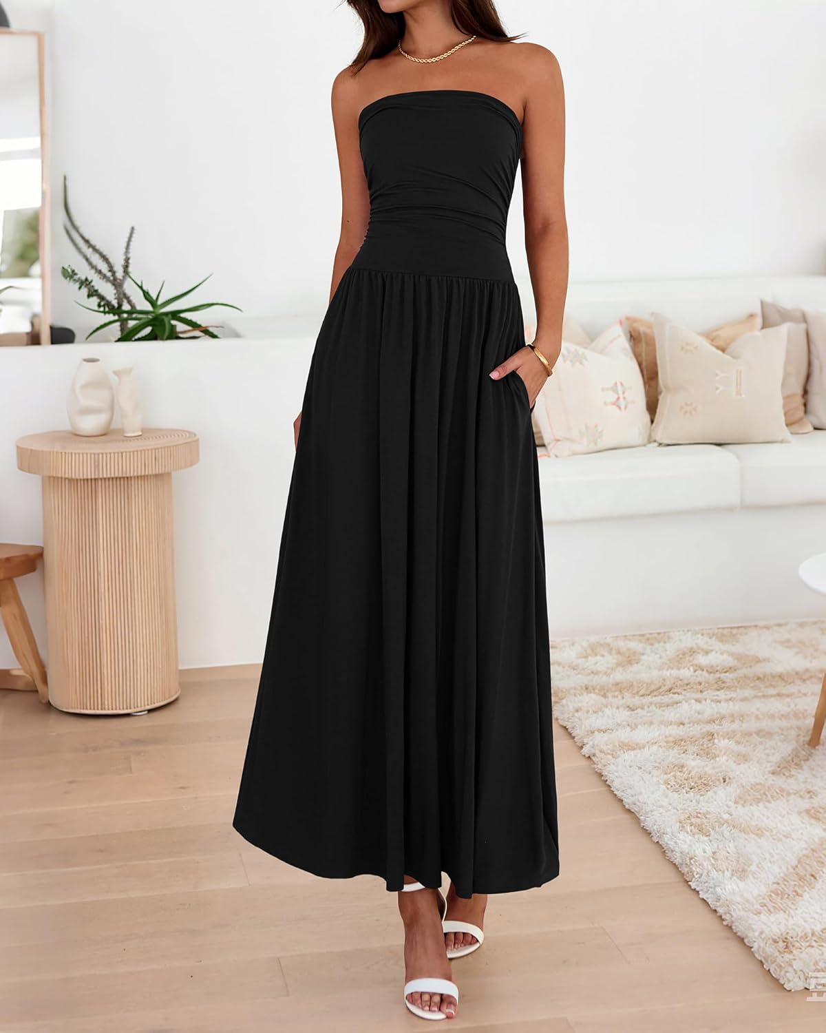 BTFBM Summer Maxi Dresses for Women 2026 Strapless Ruched Tube Top Beach Vacation Spring Wedding Guest Dress Pockets - Image 4