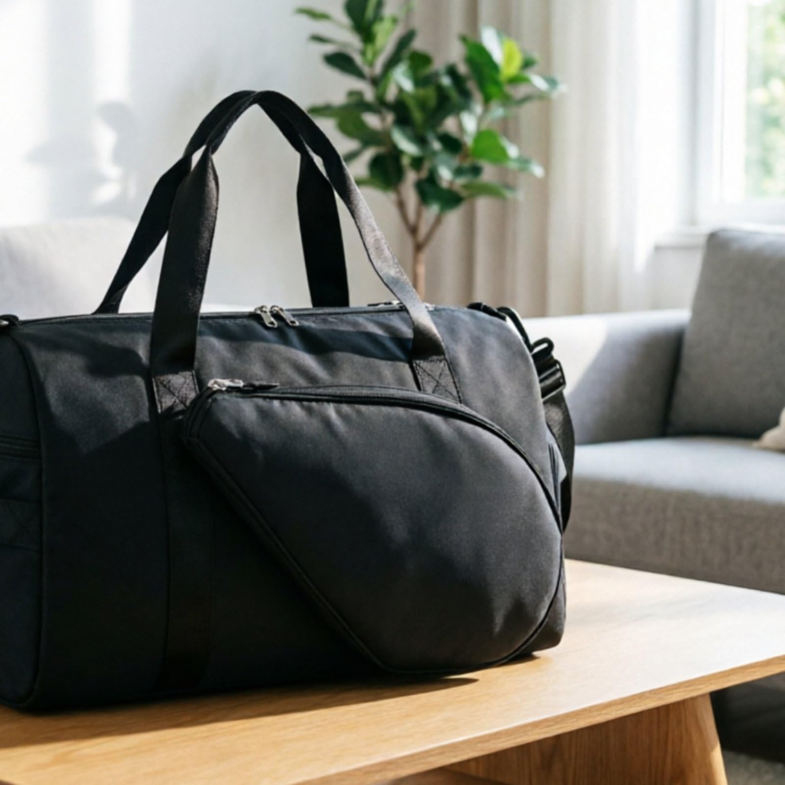 Funda para Equipo Deportivo Bolsa Deportiva Bolso de Gimnasio Bolso de Viaje Mochila de Ráqueta con Bolsillo para Calzado Ventilado y Asa de Mano, Array, Negro