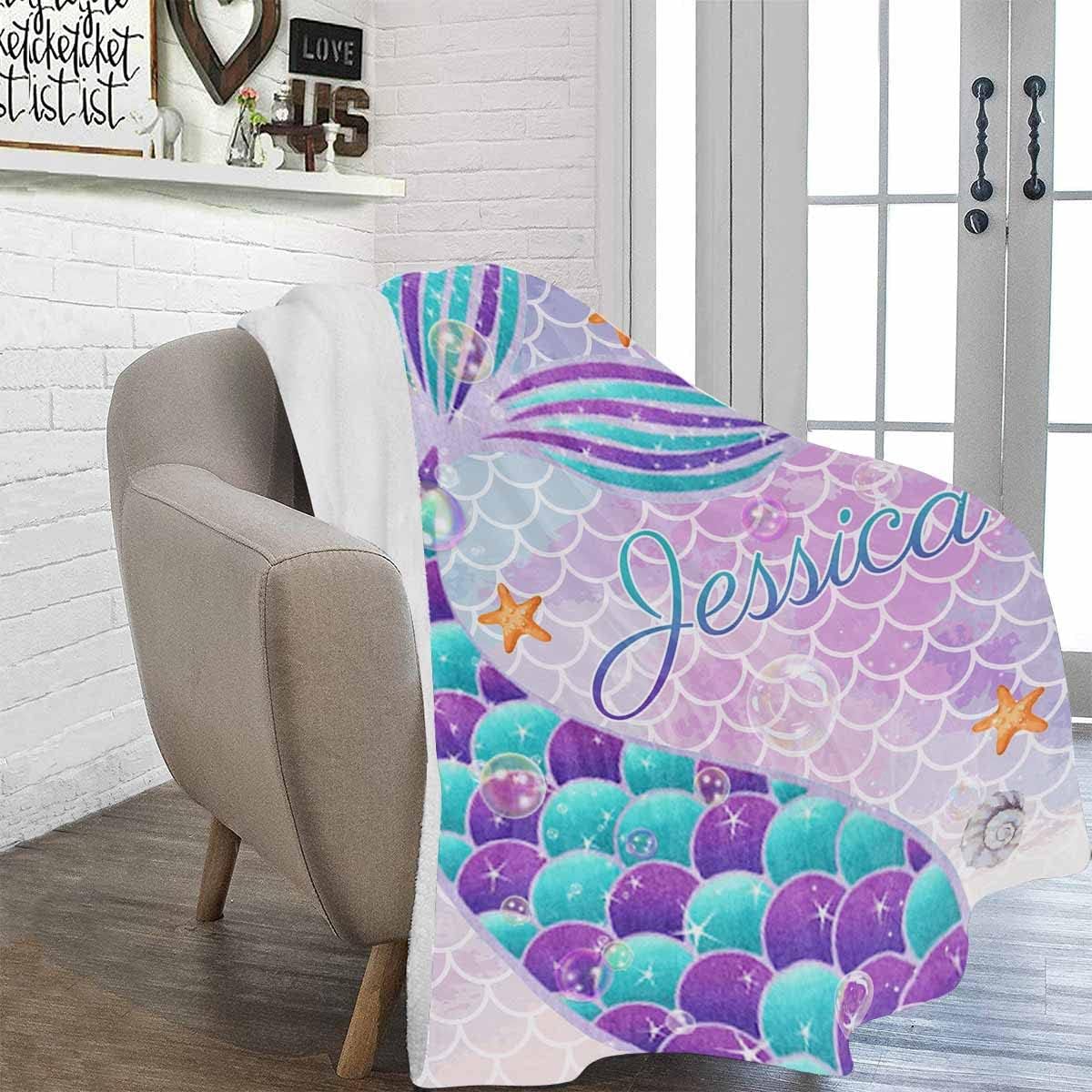 YESCUSTOM Custom Mermaid Blanket With Name For Baby Boys Girls Personalized Blankets Customize Fleece Throw Kids Soft Couch,Bedroom Decor, Birthday Xms Gift,50''x60''