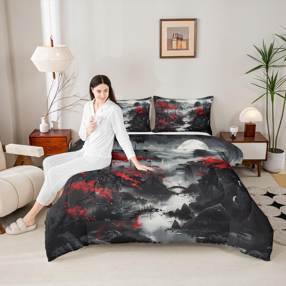 jejeloiu Japanese Bedding Set Soft for Boys Girls, Forest Comforter Set Queen Size Asian Scenic Duvet Quilt Microfiber Bedroom Decor 3 Pcs with 2 Pillow Cases