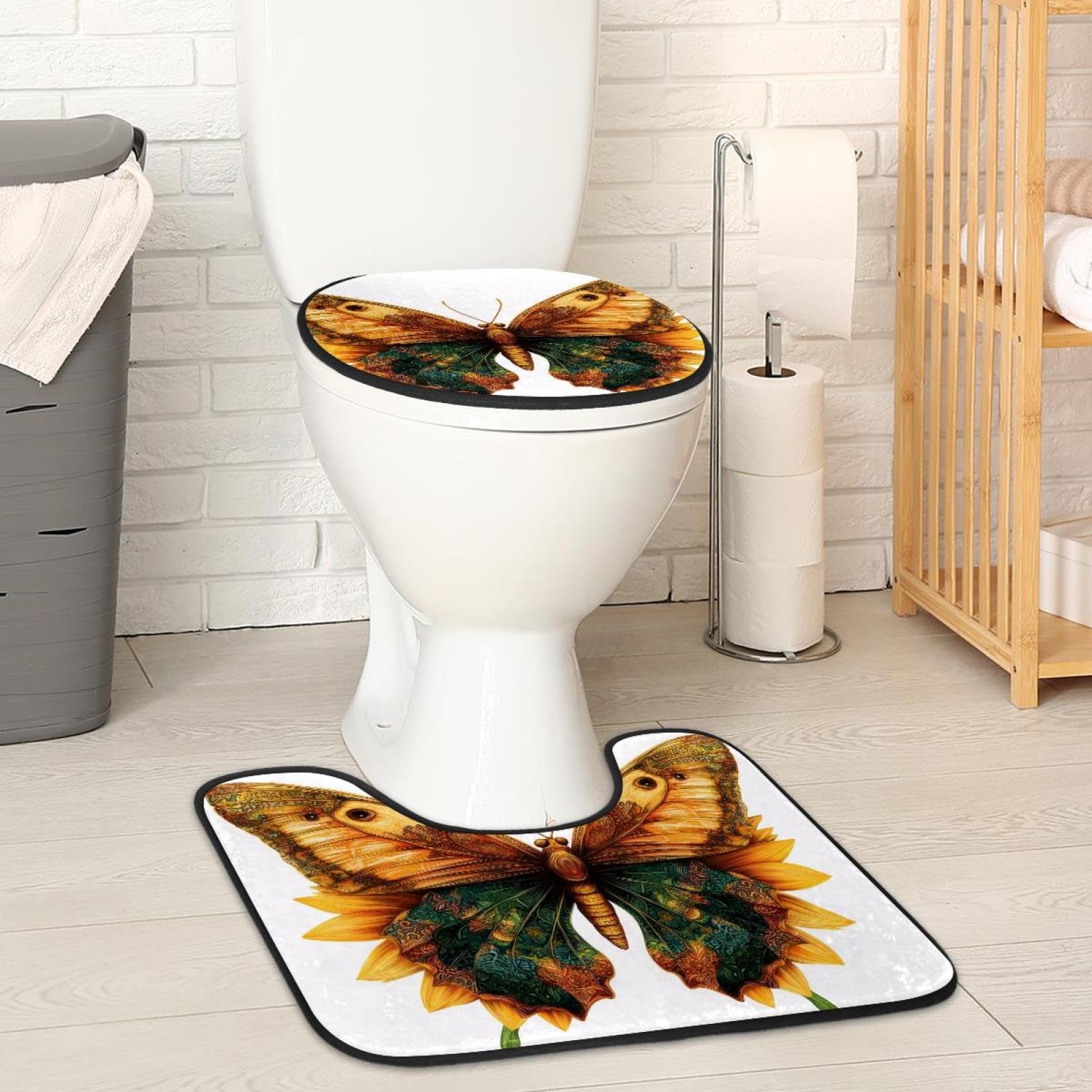 2 Pieces Flannel Toilet Contour Mat and Toilet Lid Cover, Soft Toilet Lid Cover Set Machine Washable Non Slip Contour Mat for Bathroom Decor Accessories
