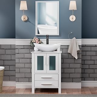 UEV 24" White Bathroom Vanity with Vessel Sink,Modern Bathroom Vanity Cabinet,Modern Artistic Ceramic Vessel Sink Combo,Faucet Sink Bowl,Pop Up Drain Included,Mirror Not Included(T44)