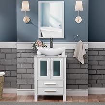 UEV 24" White Bathroom Vanity with Vessel Sink,Modern Bathroom Vanity Cabinet,Modern Artistic Ceramic Vessel Sink Combo,Faucet Sink Bowl,Pop Up Drain Included,Mirror Not IncludedT44