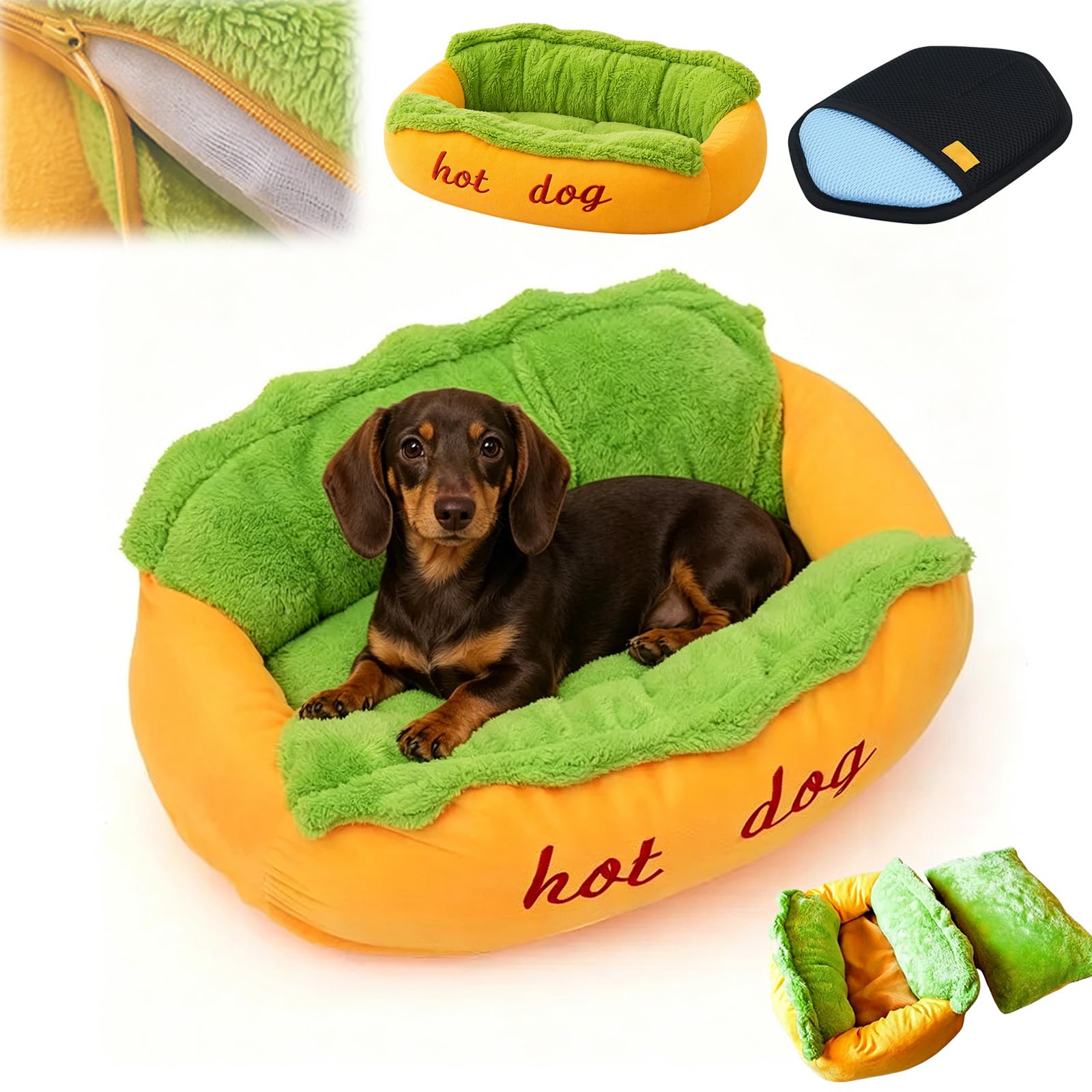 Hot Dog Dog Bed, Soft Plush Small Cute and Warm Cozy Food Dogs Cat Bed, Removable Washable Pet Mat with Non-Slip Bottom, Funny Food-Shaped Sofa Nest for Small Dogs and Cats (31.50*27.56*8.27 in)