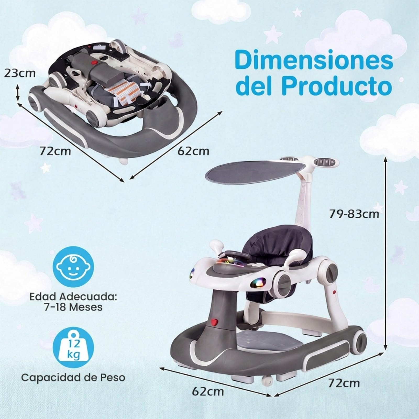 COSTWAY 7 en 1 Andador Bebes con Capota, Tacata Bebe Plegable con Altura y Velocidad Regulables con Modo Mecedora, Música, Luces y Diseño Antivuelco,Caminador para Bebe de 7-18 Meses (Gris y Blanco) — view 6