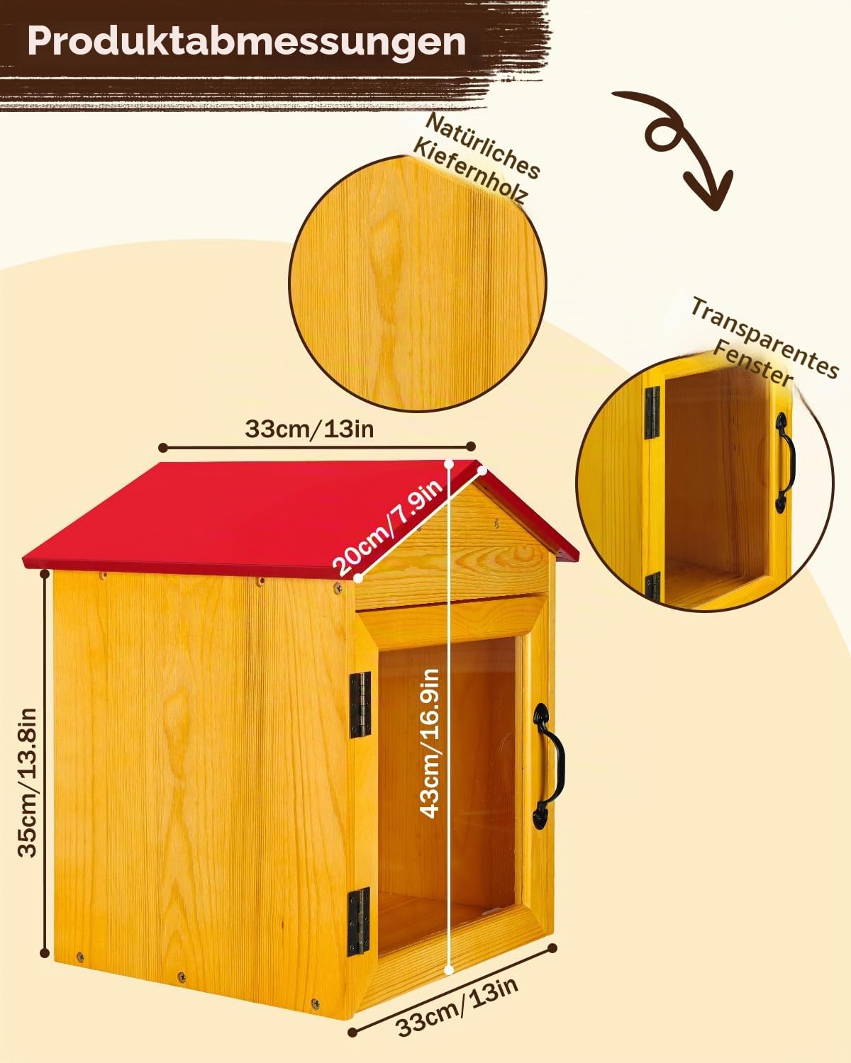 Little Library Box Outdoor Holzschrank, Rotes Dach,Kleine Literaturbox | Zum Teilen von Büchern, Wetterfester Nachbarschaftsbuchaustausch, Für Literatur & Zeitschriften, Gemeinschaft & Schulteilung