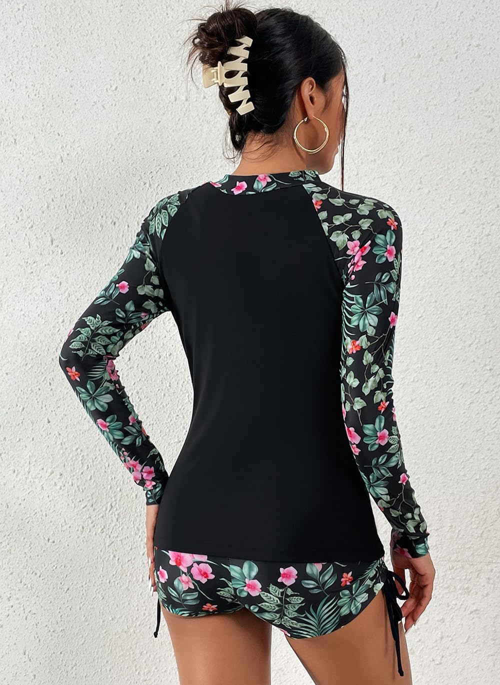 Traje de baño de dos piezas para mujer, con protección solar UPF50+, manga larga, cremallera frontal, camiseta de natación con pantalones cortos