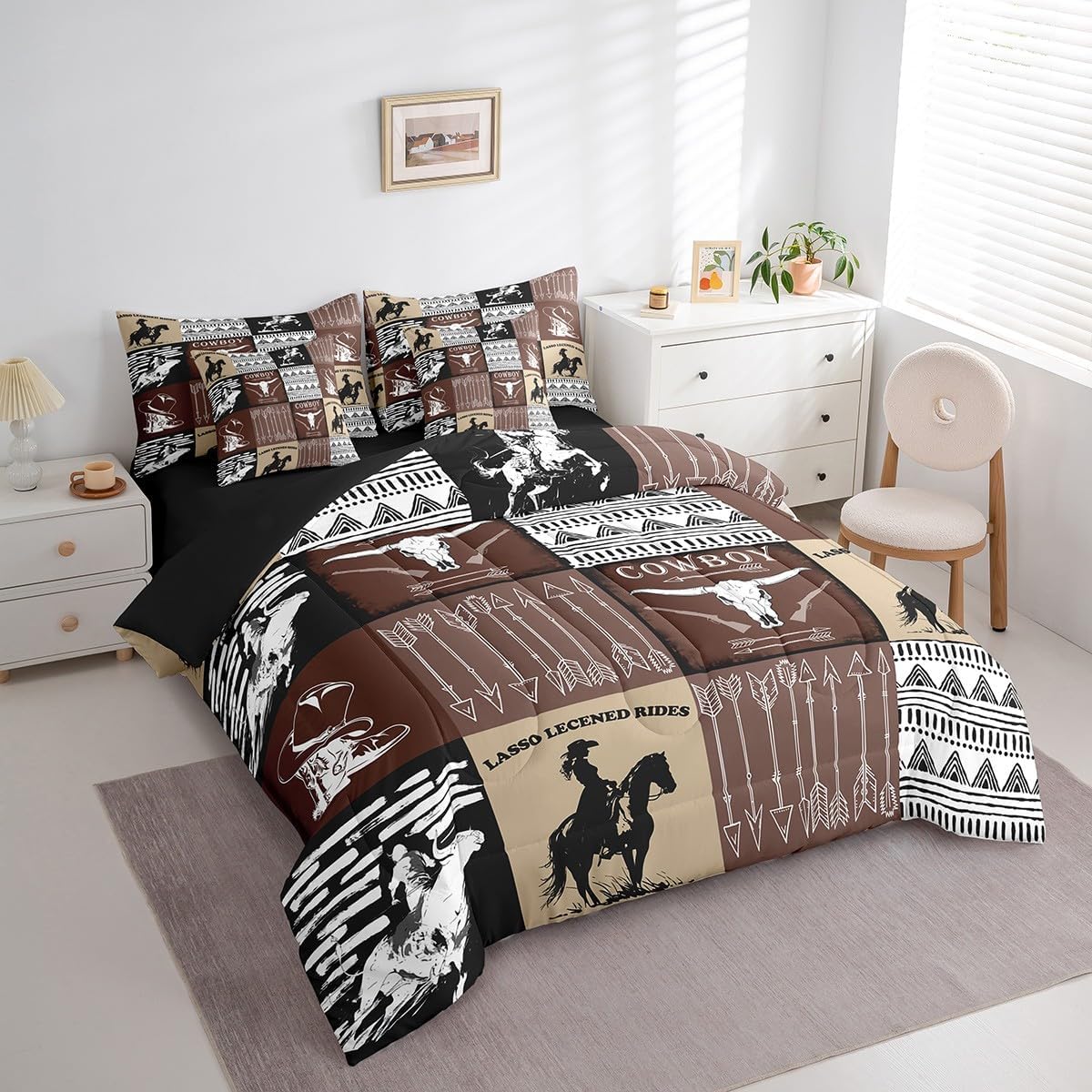 Country Western Bedding Sets Queen,Tribe Geometric Aztec Bed in a Bag Queen Comforter Set 7 Piece,Cowboy Horse Sheet Set with Comforter,Gothic Bull Skull Cowgirl Southwestern Decor,Black Brown - Image 2