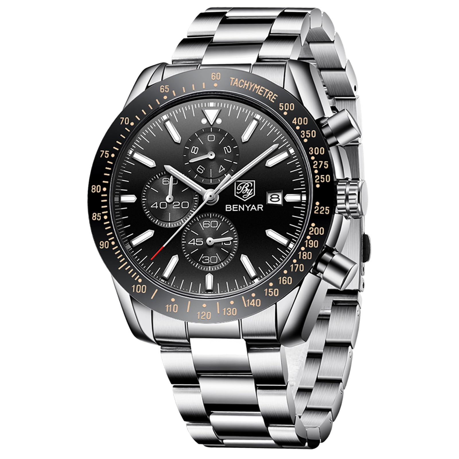 BY BENYAR Orologio Uomo Cronografo Analogico al Quarzo Impermeabile Orologi Sportivo Moda Classico Elegante Orologio da Polso Uomo Cinturino Pelle/Acciaio