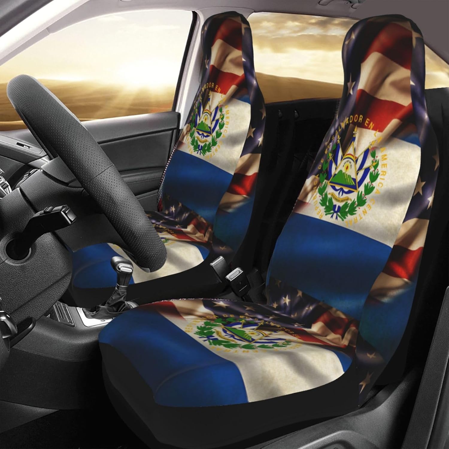 Combined El Salvador and USA Flag Car Seat Covers Front Seats-Universal Automotive Seat Covers Full Set of 2 Pcs,Fits Most Cars SUV and Truck