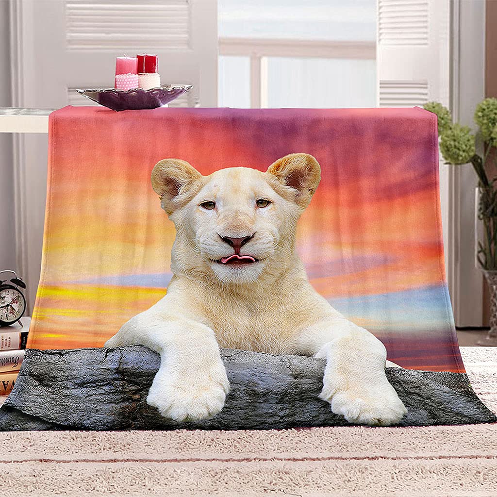 Couverture chaude en peluche 180x200cm motif lion blanc style fausse fourrure luxe