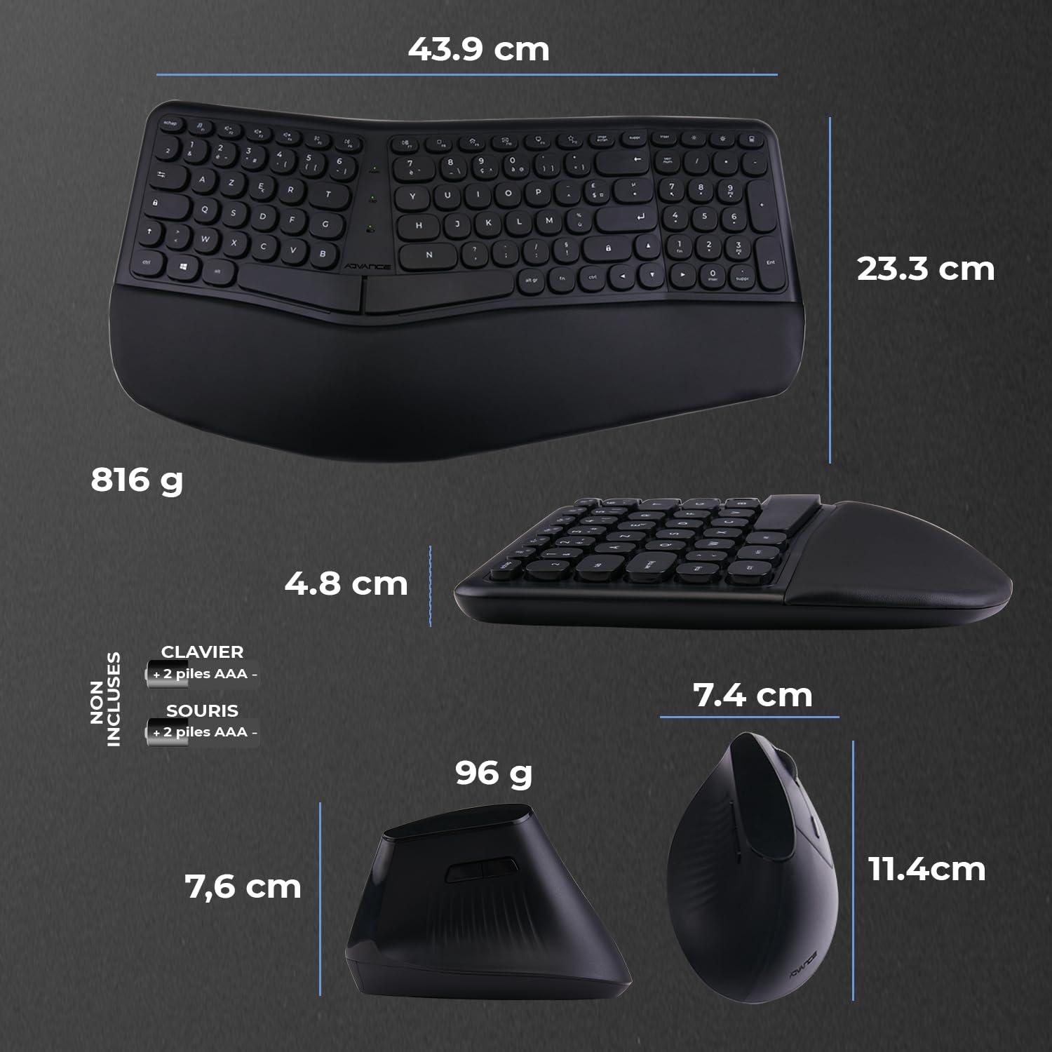 AD ADVANCE - Smartergo, Ensemble Clavier Souris sans Fil Ergonomique pour PC, Souris Verticale 57° Réglable 1600 DPI, Clavier AZERTY avec Repose-Poignets 112 Touches & 12 Raccourcis, 2.4 GHz, Noir