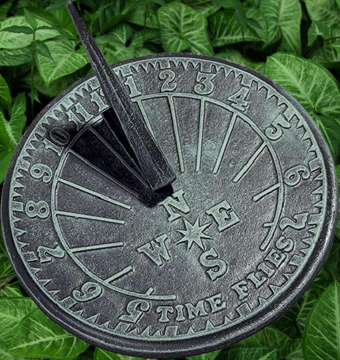 Numbers Sundial, Cast Iron, Verdigris Finish with Stand- 10" Inch Diameter