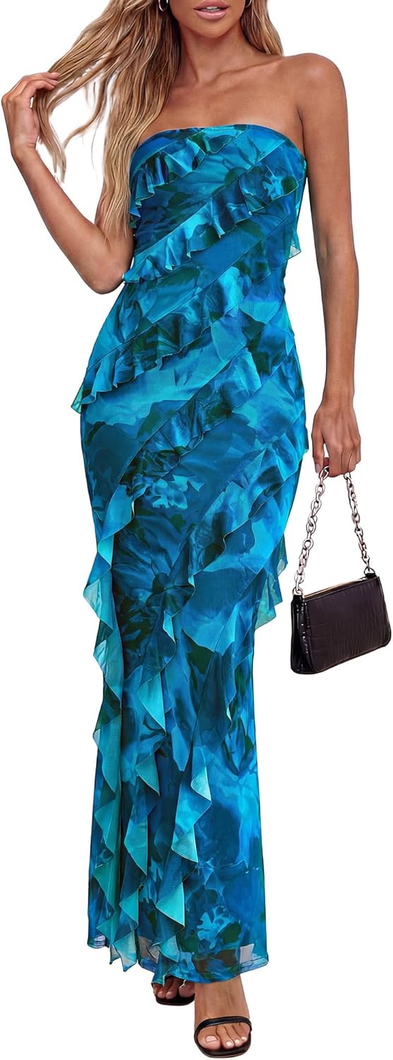 BTFBM Spring Dresses for Women 2026 Strapless Maxi Ruched Bodycon Floral Ruffle Cocktail Formal Wedding Guest Dress