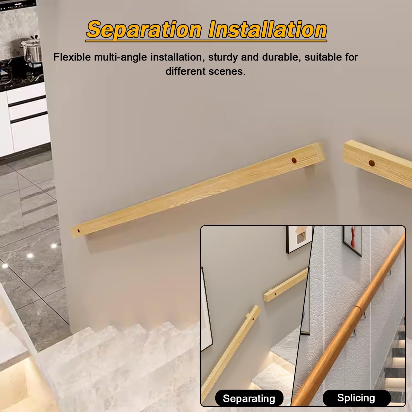 Poręcz do schodów ściennych, zestaw aluminiowych poręczy schodowych do użytku wewnątrz – indywidualne długości od 60 cm do 420 cm, antypoślizgowe poręcze dla dzieci i seniorów, stylowy wygląd drewna