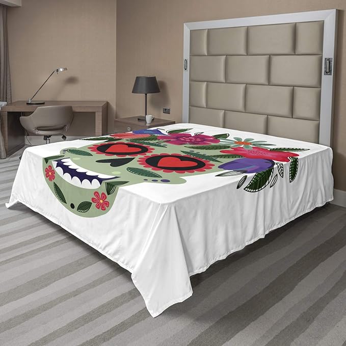 Ambesonne Sugar Skull Flat Sheet, Smiling Skull Wearing Floral Wreath Image Mexican Tradition Concept, Soft Comfortable Top Sheet Decorative Bedding 1 Piece, King Size, Multicolor