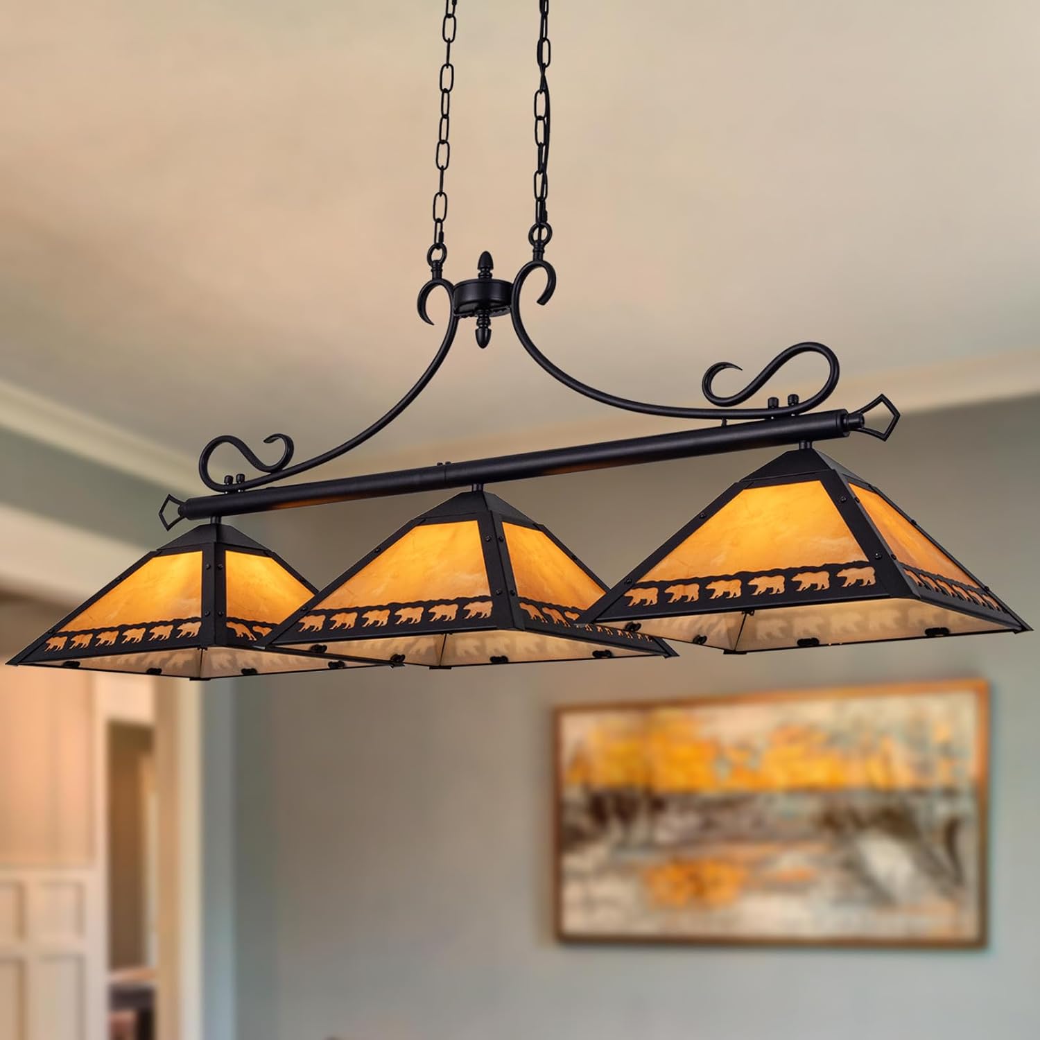 TOCHIC Pool Table Light, 3 Lights Tiffany Billiard & Pool Table Lights, 49.5" Farmhouse Chandelier for Dining Room, Rustic Farmhouse Chandeliers for Dining Room, 6 Lights Black Ceiling Light Fixture