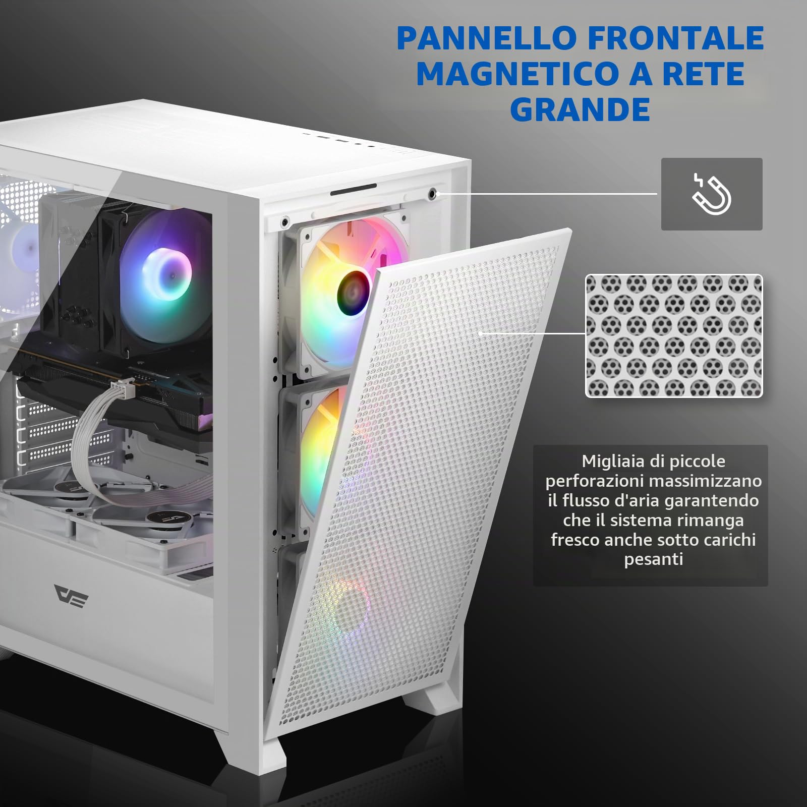 darkFlash Case PC Mid-tower ATX Gaming, 3x120mm Ventole RGB Fisse Preinstallate, Pannello Frontale Rete Grande Rimovibile, USB 3.0, Pannello Laterale Vetro Temperato, Case Flusso D'aria, Bianco(DRX70)