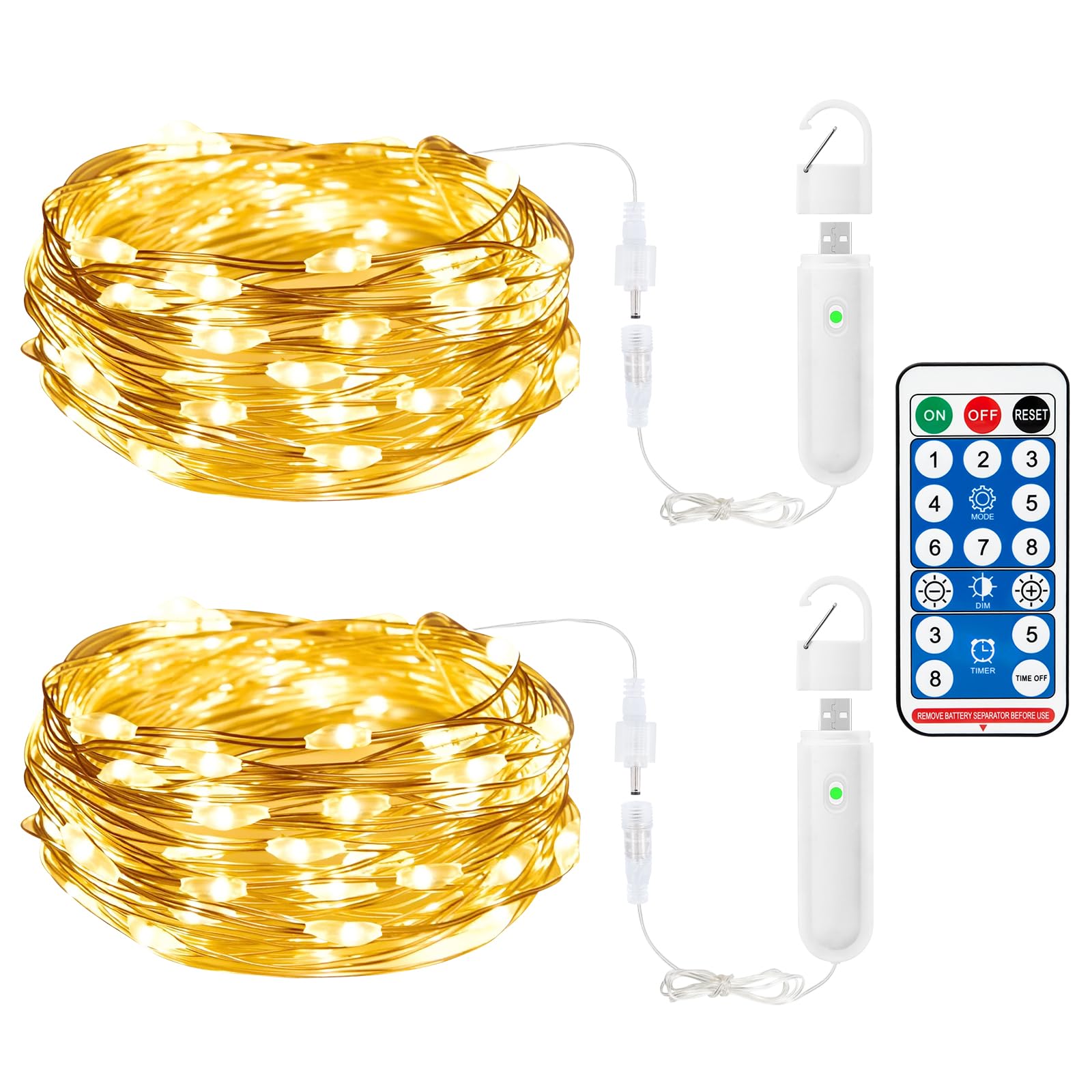 Liyade Aufladbar Lichterkette Batterie, 10m 100LED Kupferdraht Lichterkette mit 8 Modi/Timer/Fernbedienung, Warmweiß Lichterkette Innen Außen für Weihnachten, Party, Hochzeit, DIY Deko(2 Stück)