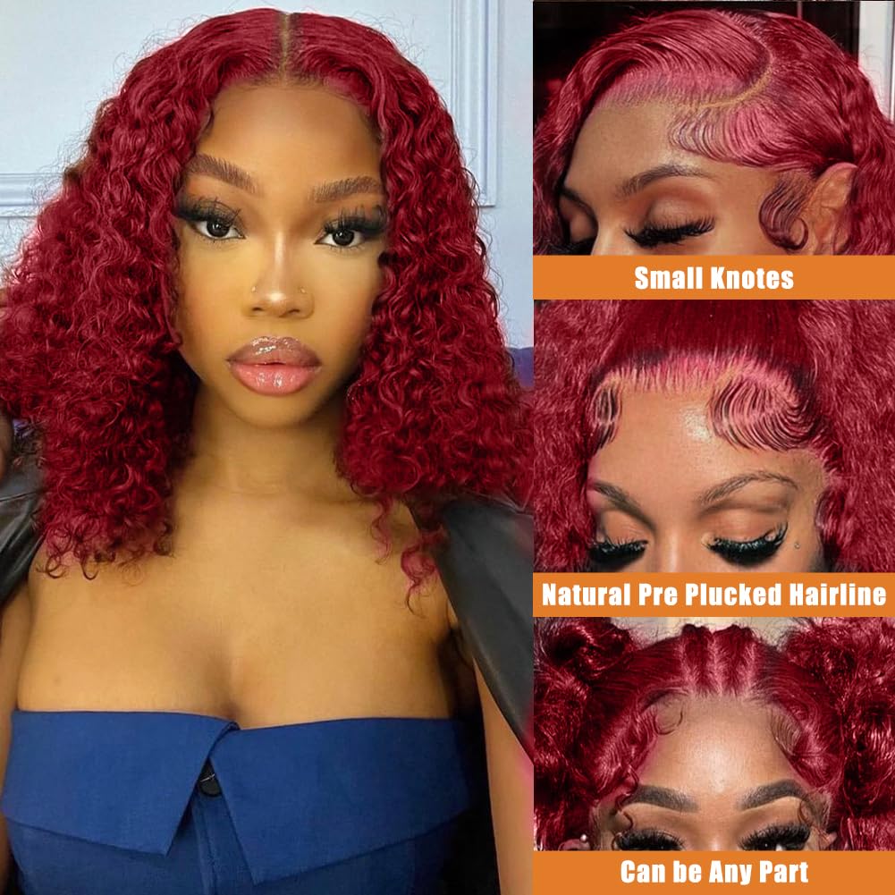 99J Burgundy Curly Bob Wig Human Hair Short Bob Wigs For Women Bob Lace Front Wigs Human Hair 14 Inch Glueless 180 Density 13x4 HD Frontal Lace - Image 4