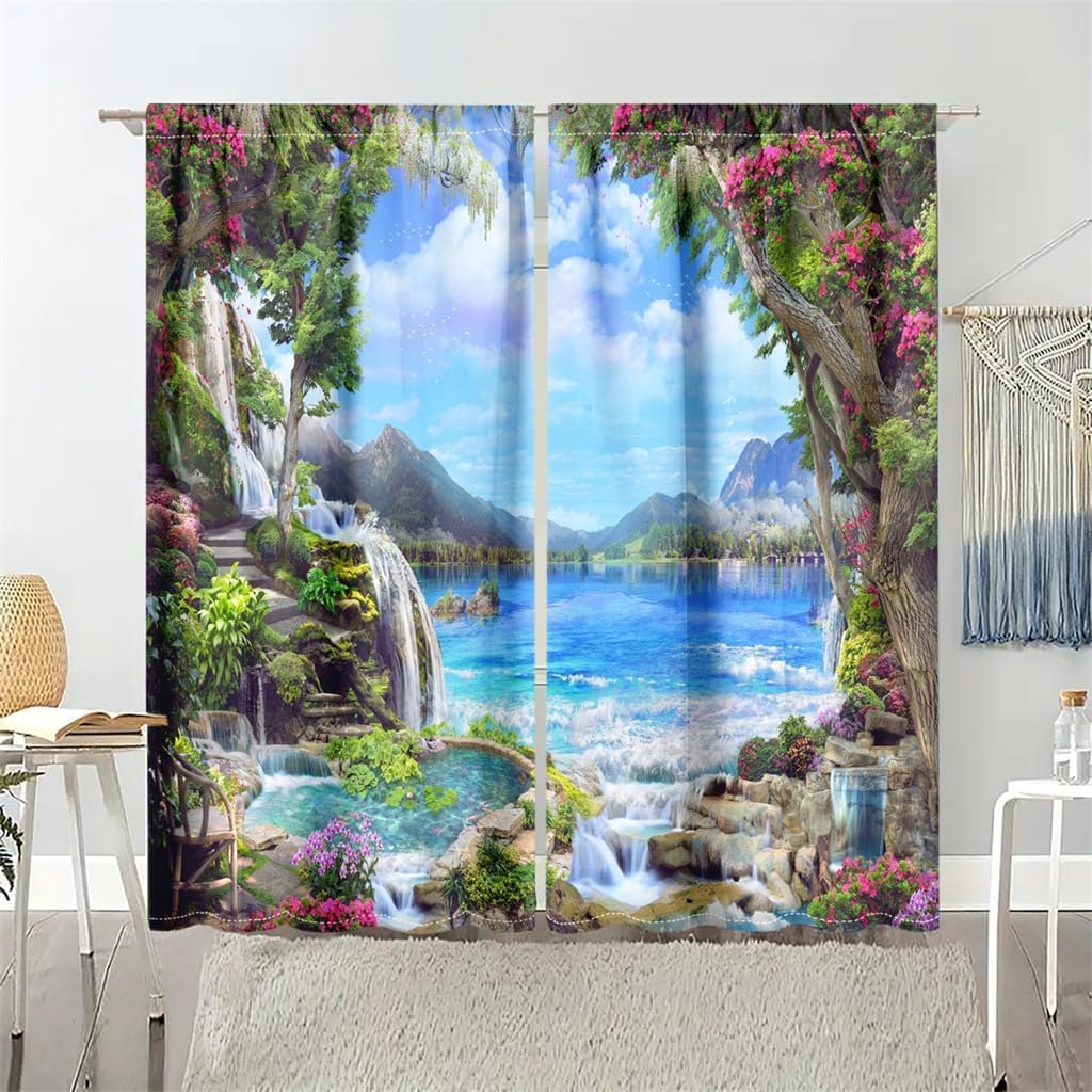 Scenic Landscape Printed Curtain,Beautiful Vivid Natural Forest Waterfall Scenery Light-Filtering Curtains for Bedroom,Living Rooms,Office Decor,Rod Pocket Drapes, 42" × 63", Set of 2 Panels