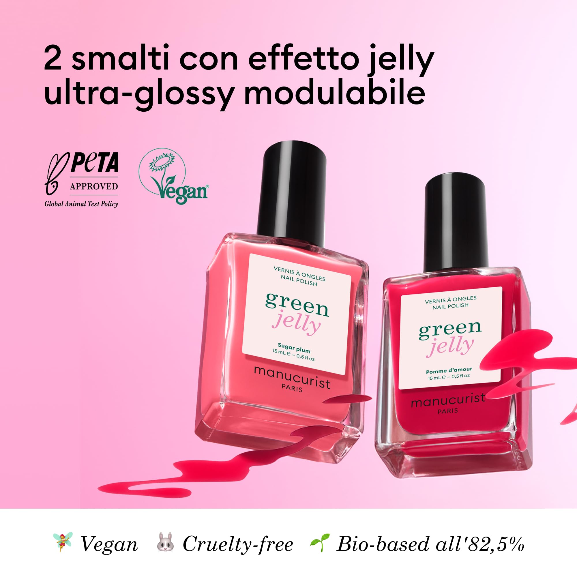 Manucurist - Duo Smalti Jelly Green™ Sugar Plum & Pomme d’Amour - Smalto Unghie Traslucido - Finish Jelly Semi-Opaco Effetto Ultra Glossy - 82,5% di Ingredienti di Origine Naturale - 15 ml