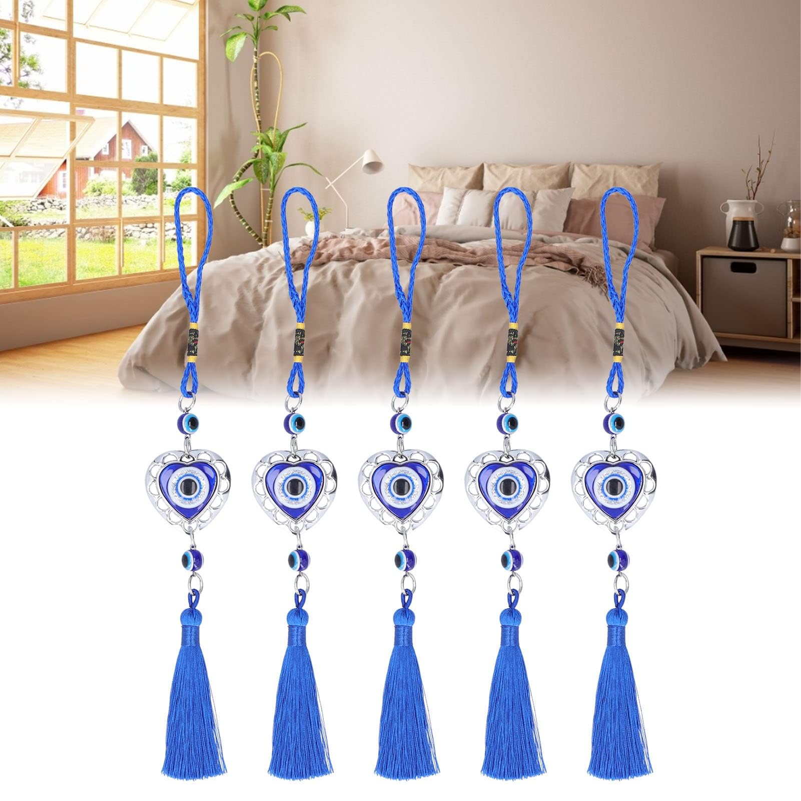 5Pcs Blue Evil Eye Hanging Ornament, Turkish Style Evil Eye Car Hanging Ornament with Tassels Decorative Feng Shui Pendant Ornament for Home Car(#2)