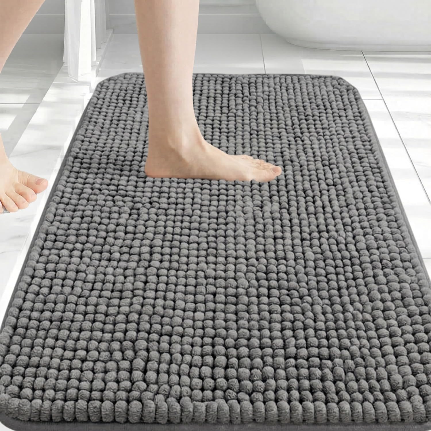 Hafaa Bath Mat Non Slip Anti Mould – Grey Chenille Bathroom Mat 60 x 90 cm Machine Washable Bath mats Super Absorbent Extra Soft Fluffy Shower mat