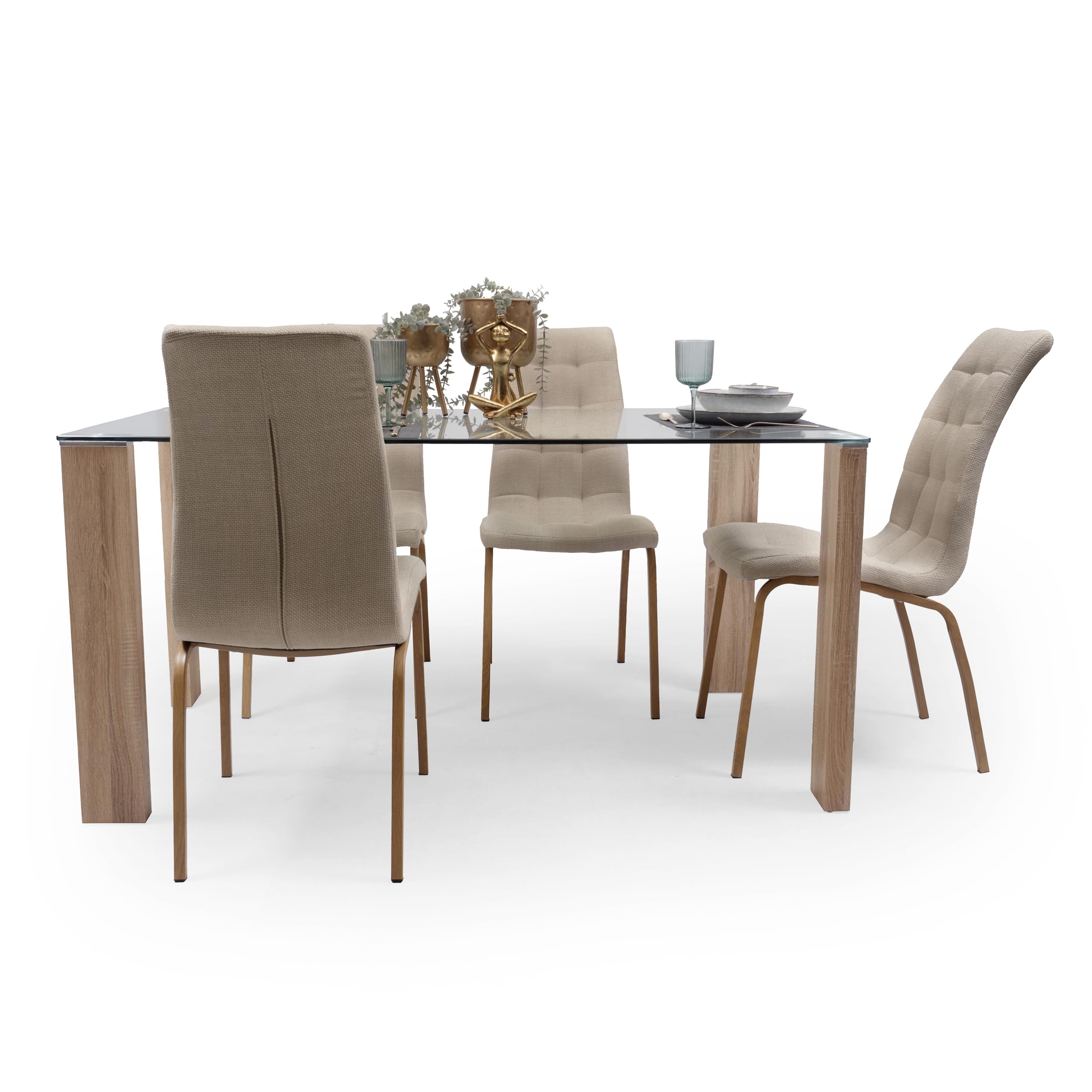 Homely | Mesa de Comedor ROSSET | Mesa Salón, Cocina, Oficina | Estilo Moderno | Diseño Sencillo, Actual y Elegante | Tapa Cristal Templado | Patas de MDF Laminadas Color Madera | 140x90 cm