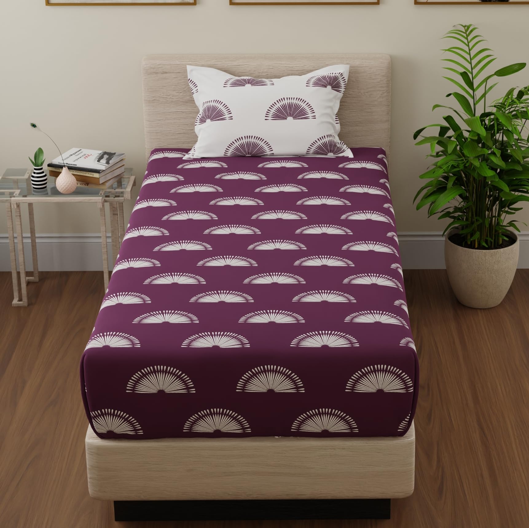 Huesland Cotton Bed Sheets - King Size, Purple & White -22