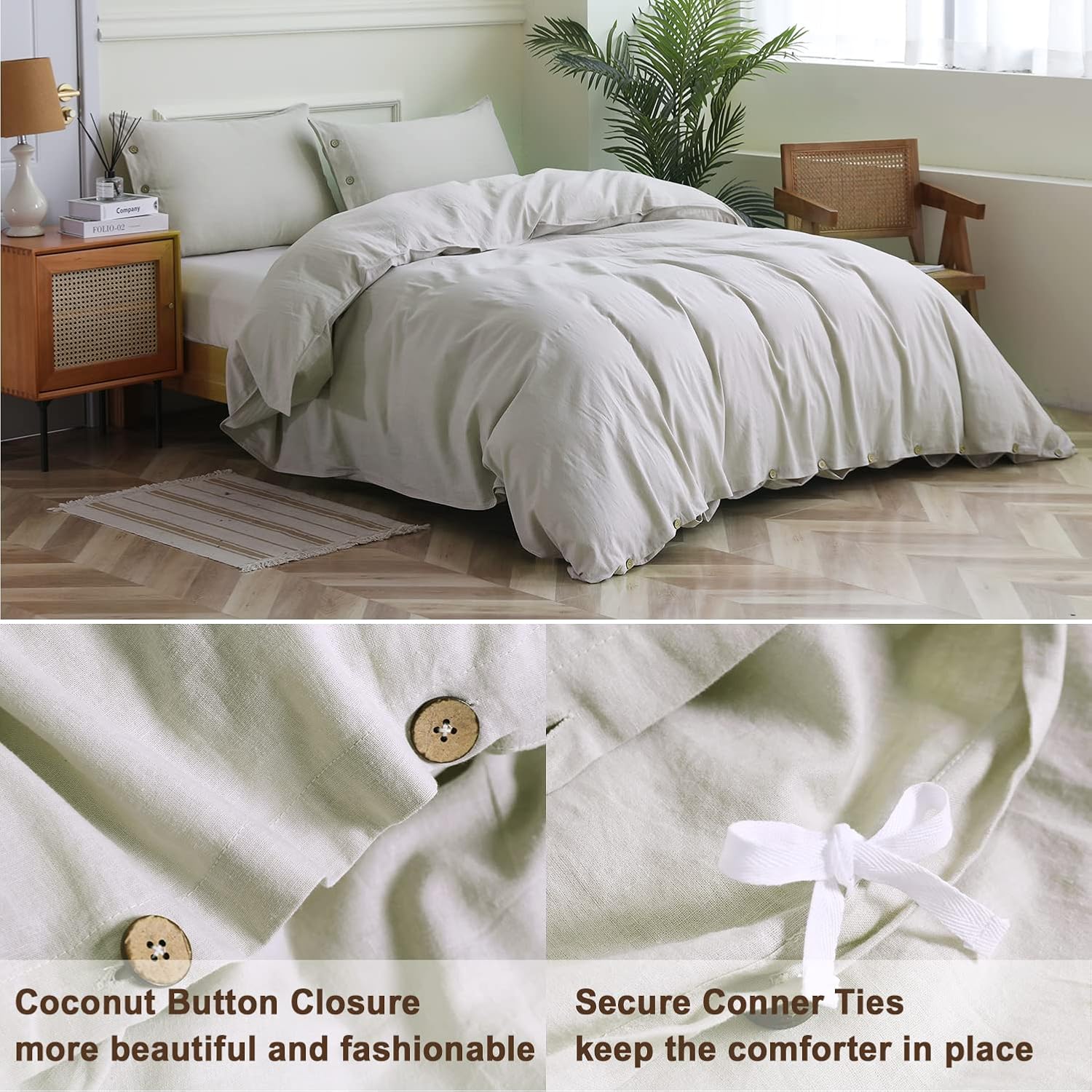 Twin Duvet Cover Set 2PCS, 55% Linen 45% Cotton Blend, Duvet Cover with Coconut Buckle Closure, Bedding Set, 1 Comforter Cover 68x90 and 1 Pillow Shams 20x26 (Twin, White)