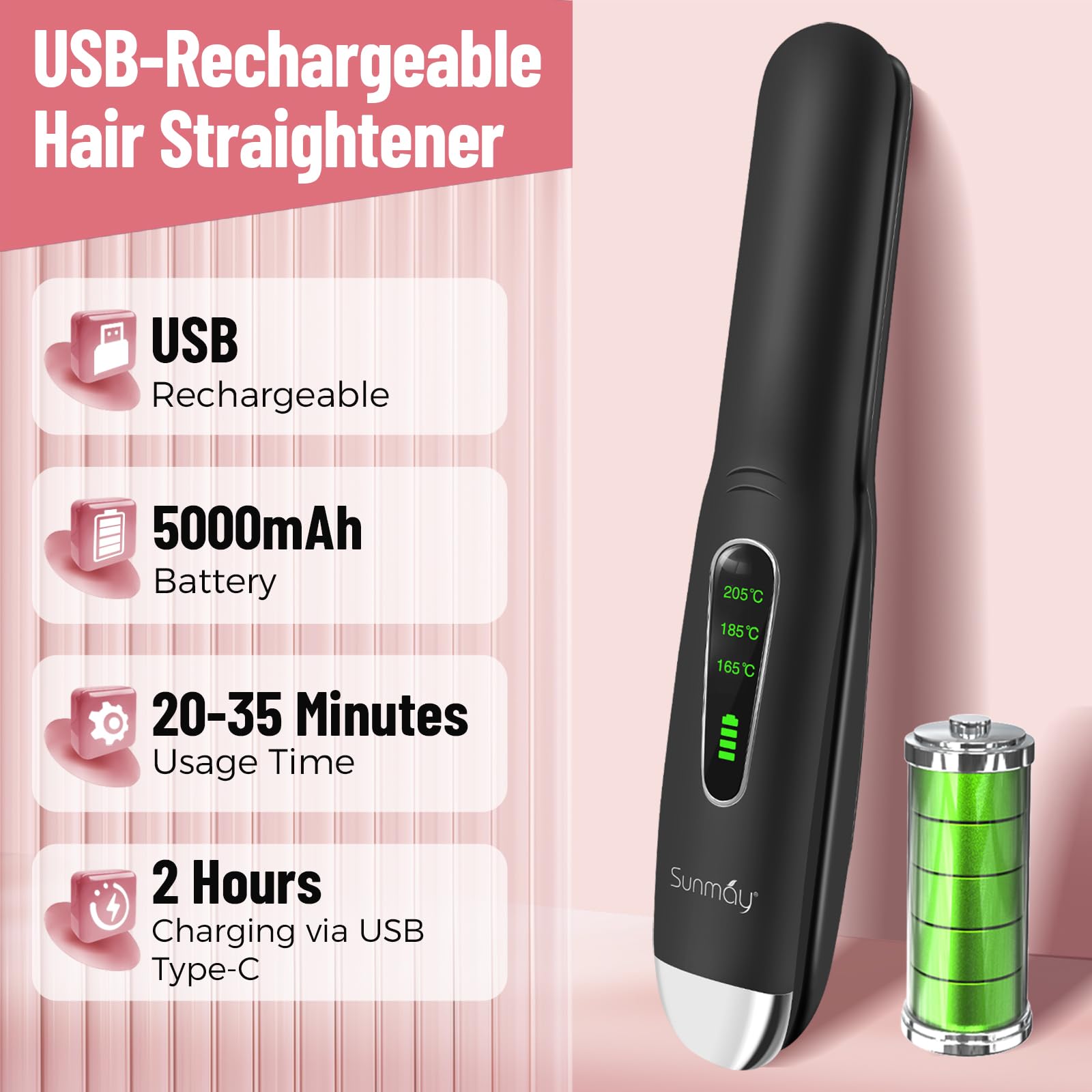 SUNMAY Voga Plancha Pelo Inalambrica 2 en 1, Rizador de Titanio Portátil, Mini Plancha Viaje USB 5000 mAh, 3 Temperaturas, Calentamiento Rápido Negro