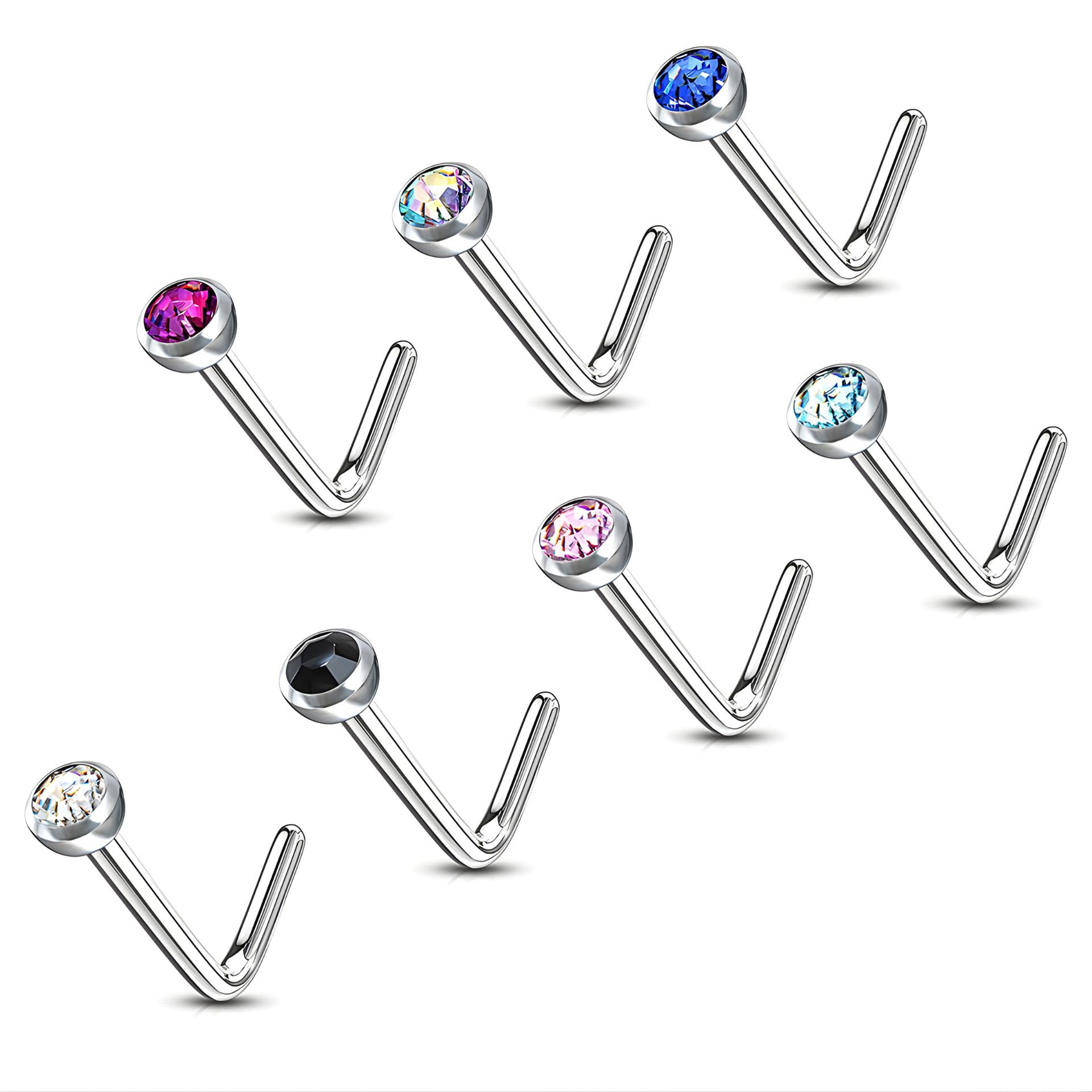 mazzini Anti Tarnish Stainless Steel 'ColorSprinkle 7ix' Tiny 2mm Muticolour L-Shape Nose Pin Set for Women and Girls (NR05195) Pack of 7 Pcs-picture-20