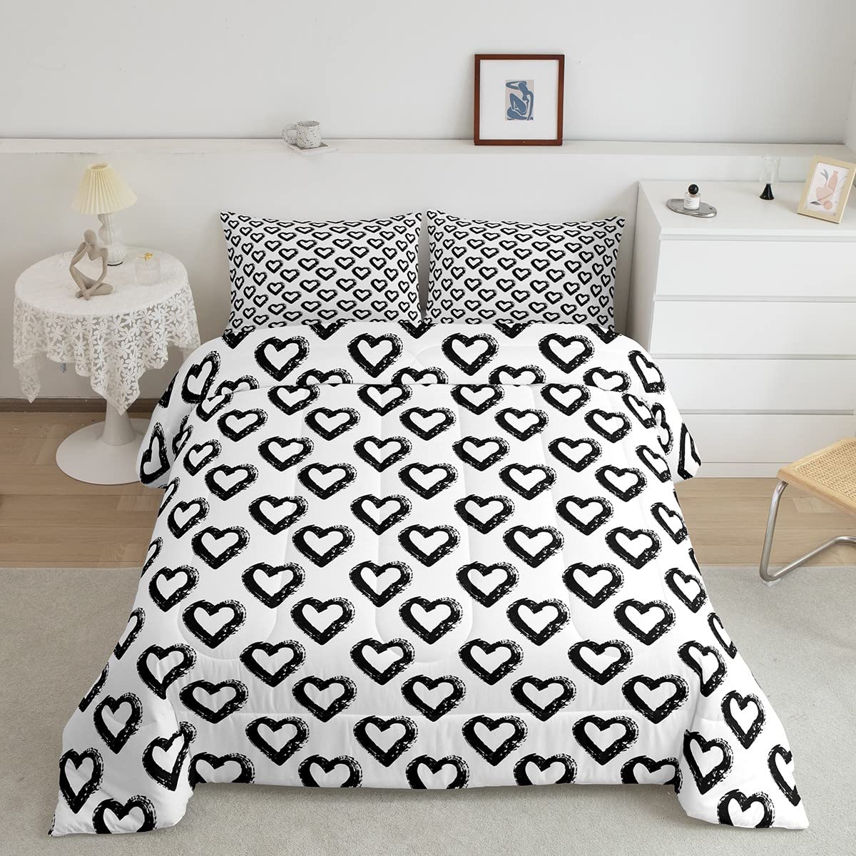 jejeloiu Heart Love Queen Size Bedding Set Boys Girls Geometry Love Pattern Comforter Set for Kids Ultra Soft Modern Comforter Black White Duvet Set Room Decor Quilt Set
