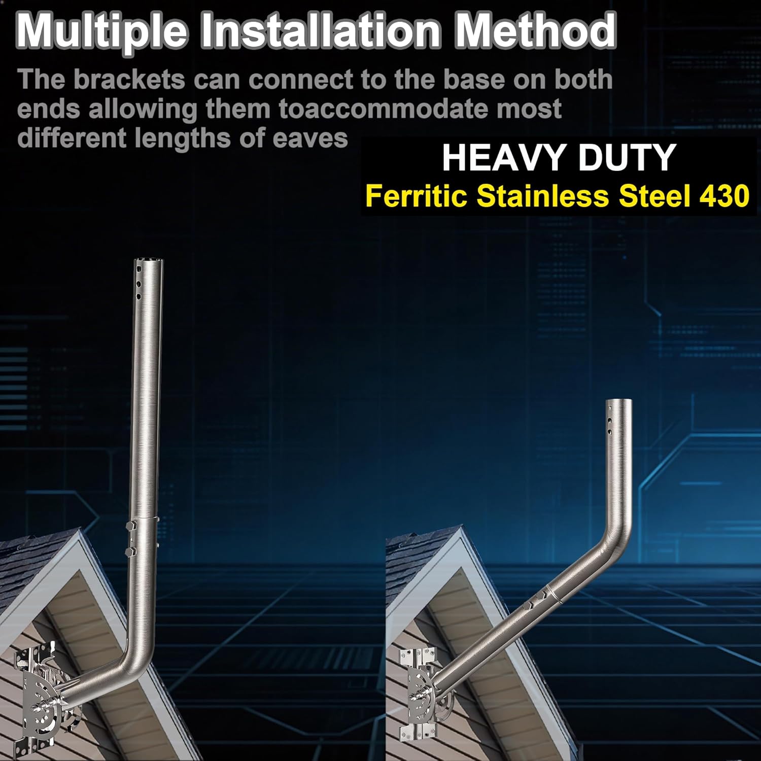 28" Heavy Duty Adjustable Antenna Wall Mount – 430 Stainless Steel J-Pole Solid Mast Bracket for Starlink (Adapter Required), TV Antennas, Weather Stations – 1.38" OD Pivot Base (2-Pack Sliver)