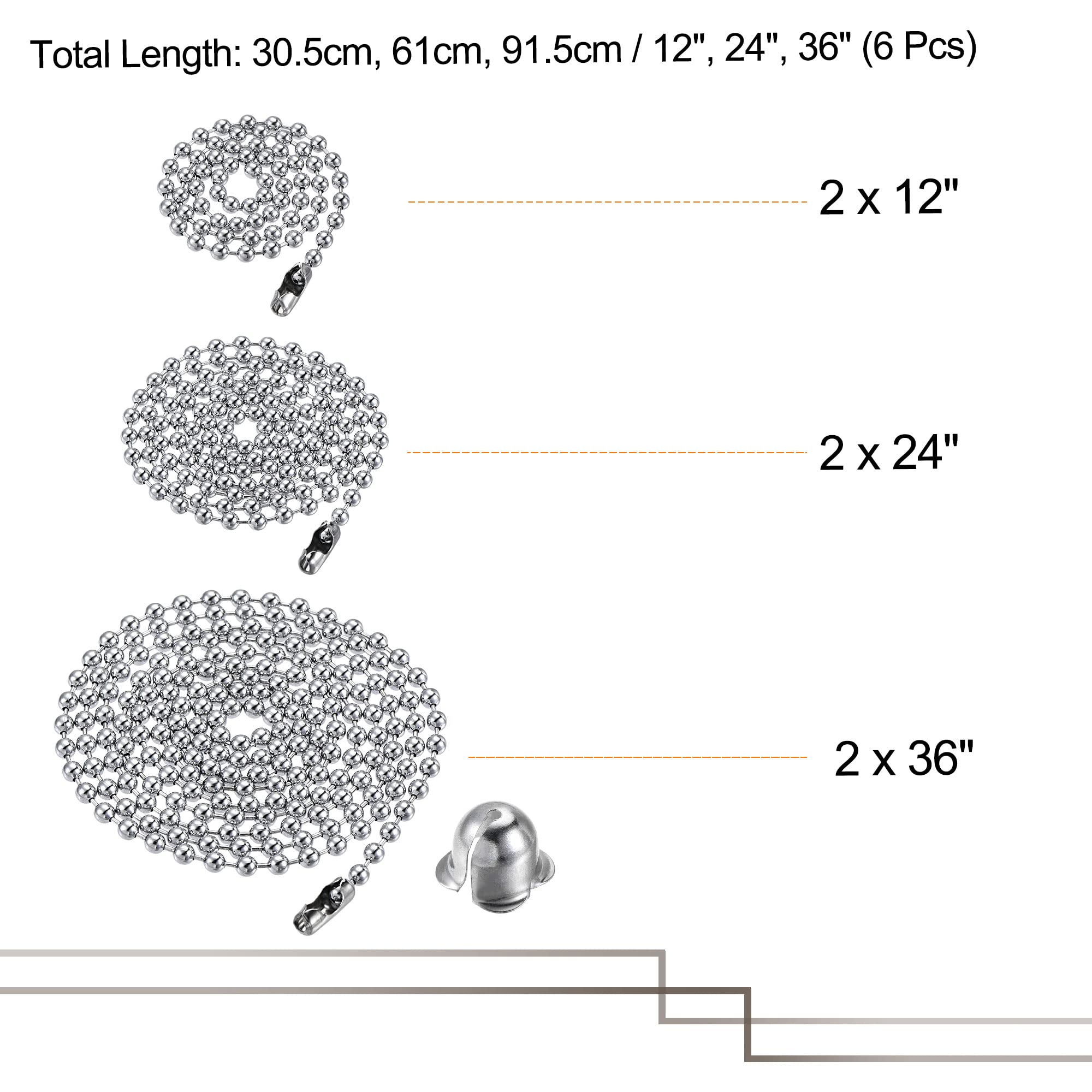 MECCANIXITY Pull Chain Extension, 12 Inch 24 Inch 36 Inch Long Beaded Link with Connectors and Pendant for Chandelier Light Craft Making, Silver 1 Set