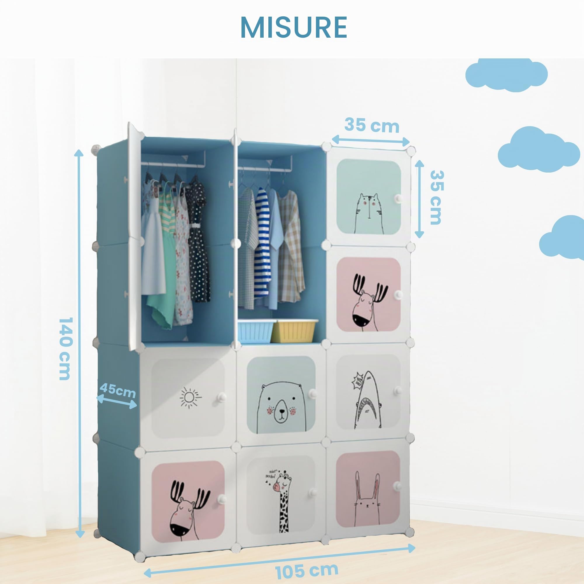MAGIC SELECT Armadio Modulare per Bambini, Scaffalatura Modulare, Armadio per Bambini, Organizer Modulare, Scaffale per la Casa, 12 Moduli, 140x105 cm