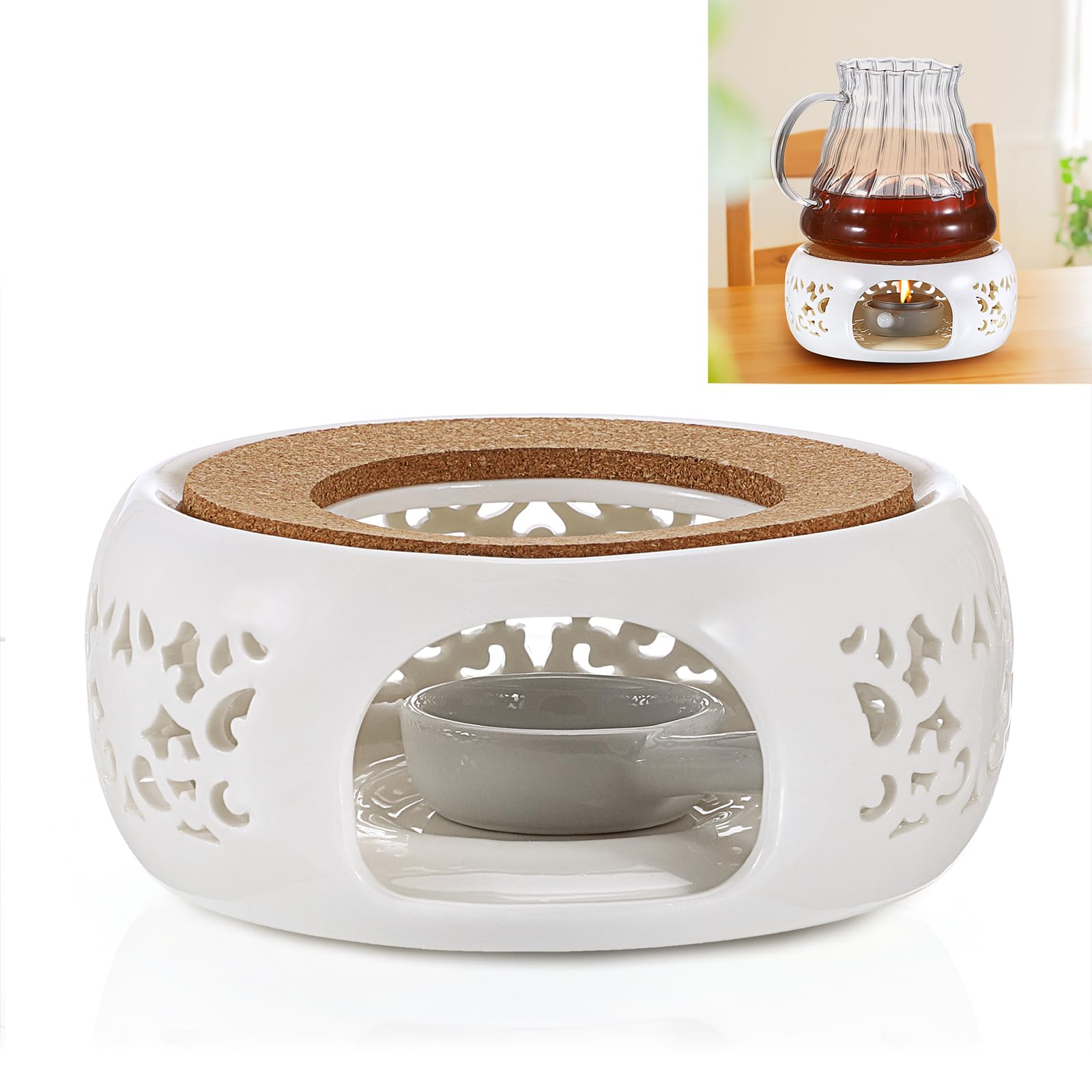 BSTKEY Teapot Warmer, Ceramic Tea Warmer with Tealight Holder and Cork Cushion, Teapot Heater for Heating Coffee Milk Tea (White, Ocean Flower Style)