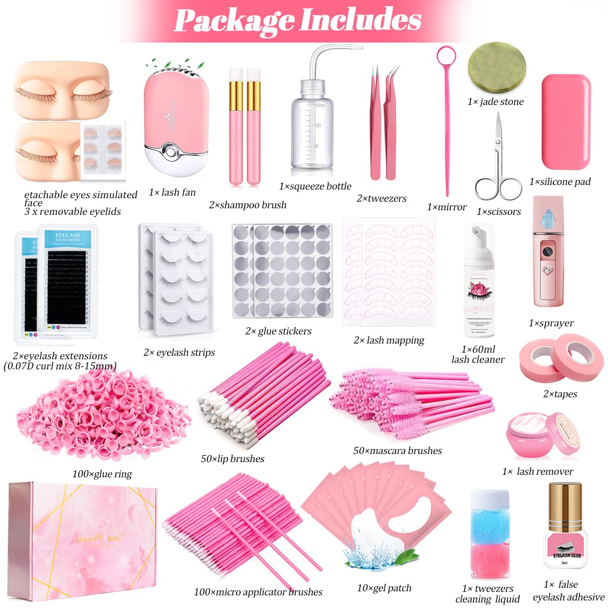 Wimpernverlängerung Set für Anfänger Lash Mannequin Kopf mit Ersetzten Augenlidern Falsche Wimpern Praxis Wimpern Streifen Facial Kleber USB Fan Professional Set