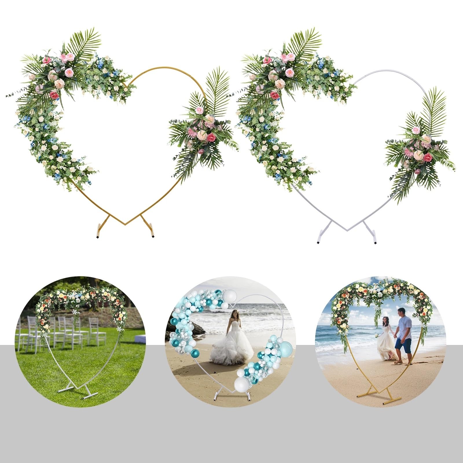 Herzbogen-Set aus Gold/Weißmetall, Herzbogenständer for Hochzeiten, Liebessäulen-Bogenrahmen for Hochzeit, Braut, Valentinstag Ballonbogen Gestell(White)
