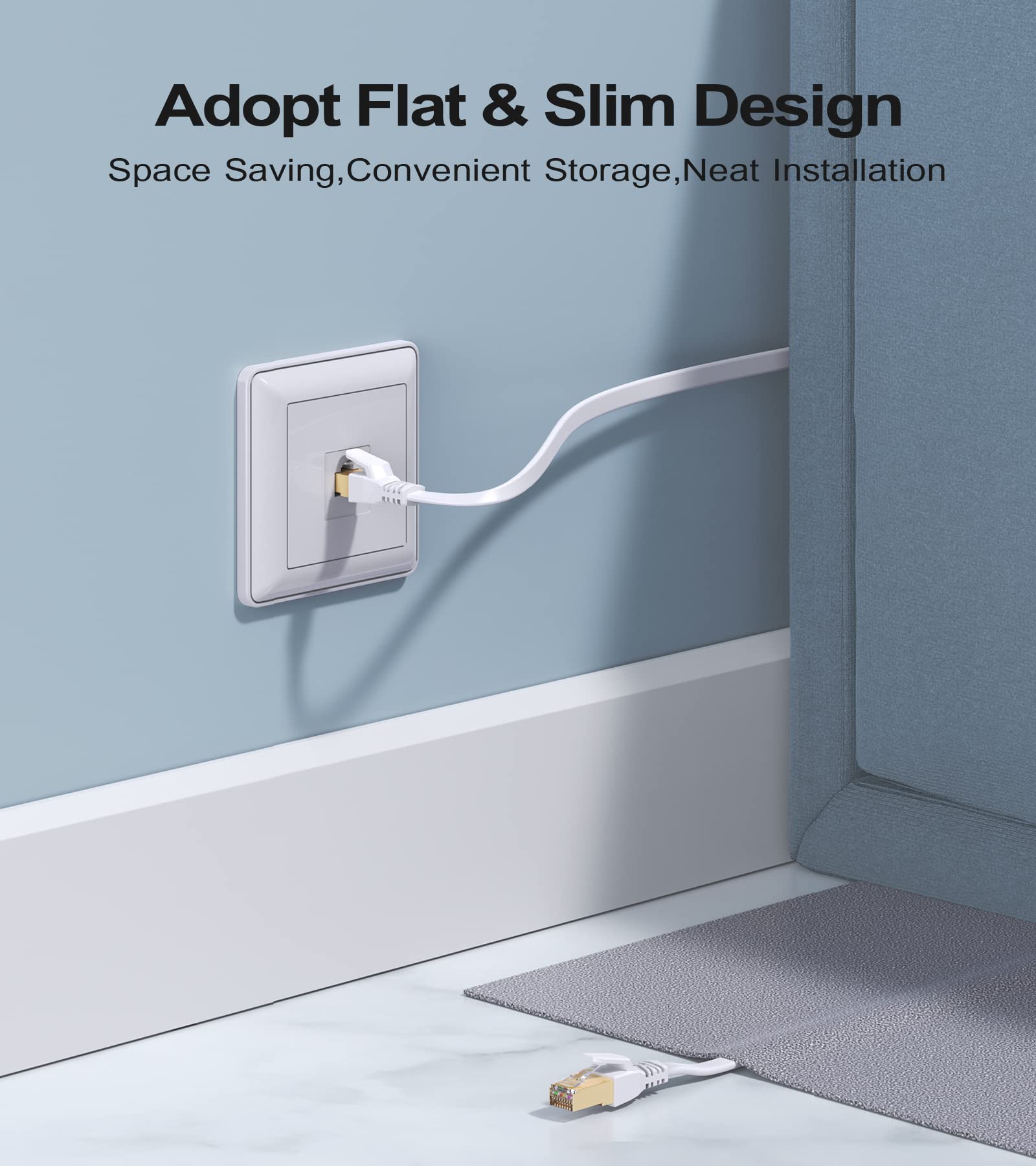 SWECENT Cable plano Ethernet CAT8 de 20 m, cable de red de conexión de alta velocidad de 40 Gbps con conector RJ45 compatible con Xbox, PC, PS5/S4, router, módem, Smart TV, WiFi (blanco)