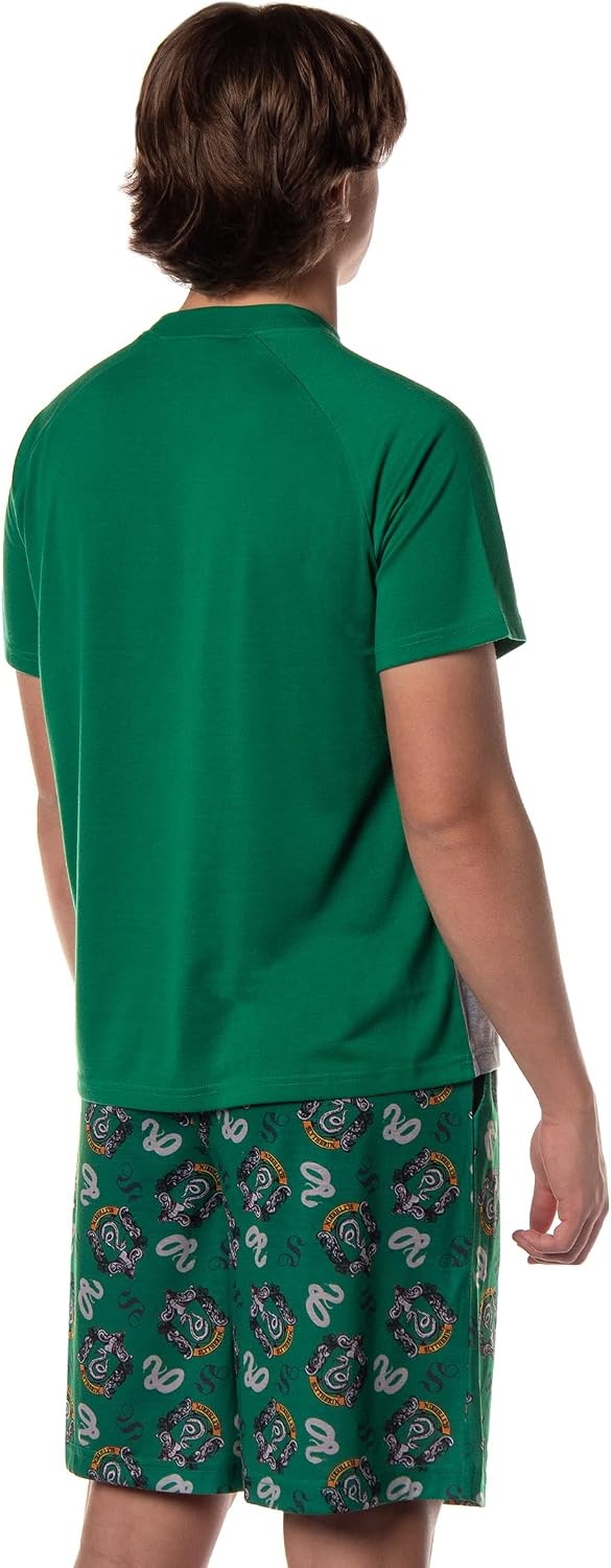 Harry Potter Hogwarts Castle Men's House Crest 2 Piece Raglan Pajama Short Set - Gryffindor Slytherin Ravenclaw Hufflepuff