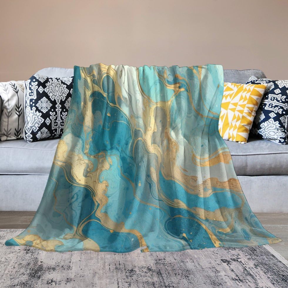 Miniatura 6 de Manta con textura de mármol, turquesa, verde azulado, dorado, cálida, franela dorada y verde esmeralda, acogedora manta de felpa cálida y ligera