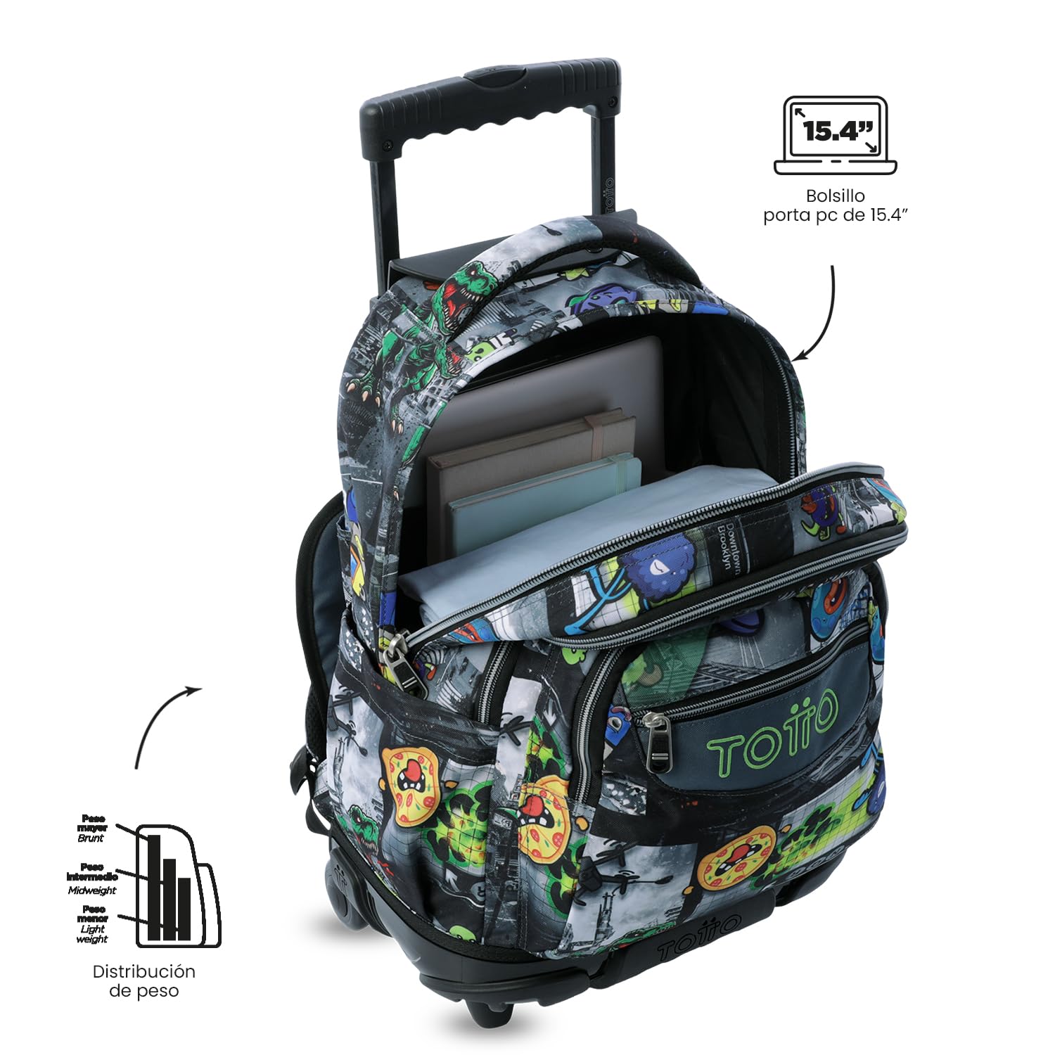 TOTTO - Mochila Escolar con Ruedas, Modelo Renglones, Capacidad 26,21 Litros, Bolsillo para PC 14", Bolsillo Botella, Correas en S para Mayor Comodidad, Resistente, Estampado Rolly Negro