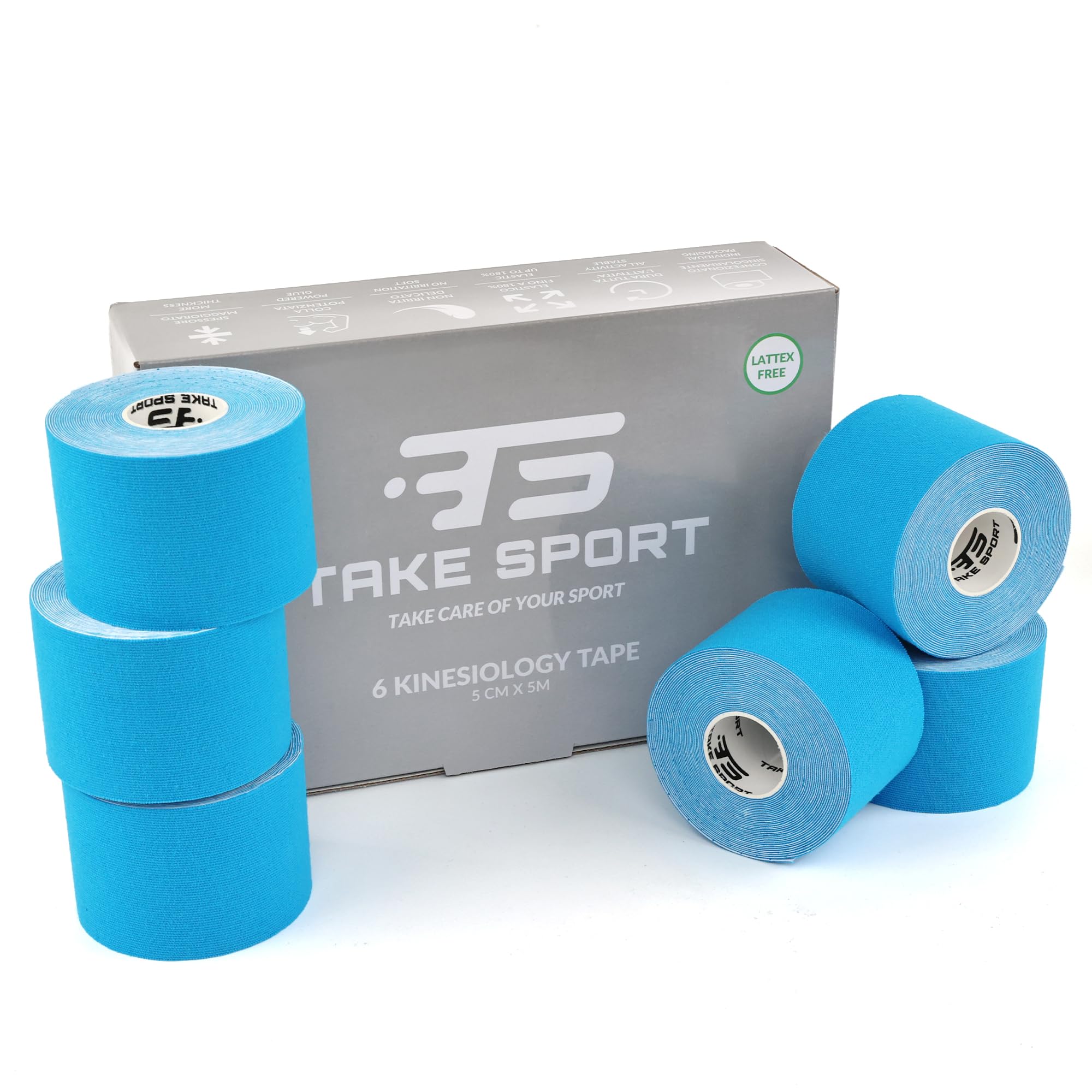 TAKE SPORT, NOVITÀ 2023! Kinesio tape, Nastro kinesiologico, Tape kinesiologico, Kinesio taping. 6 rotoli, 5 x 5m, 95% Cotone 5% Spandex, elastico. (color nero, rosa, azzurro, pelle)
