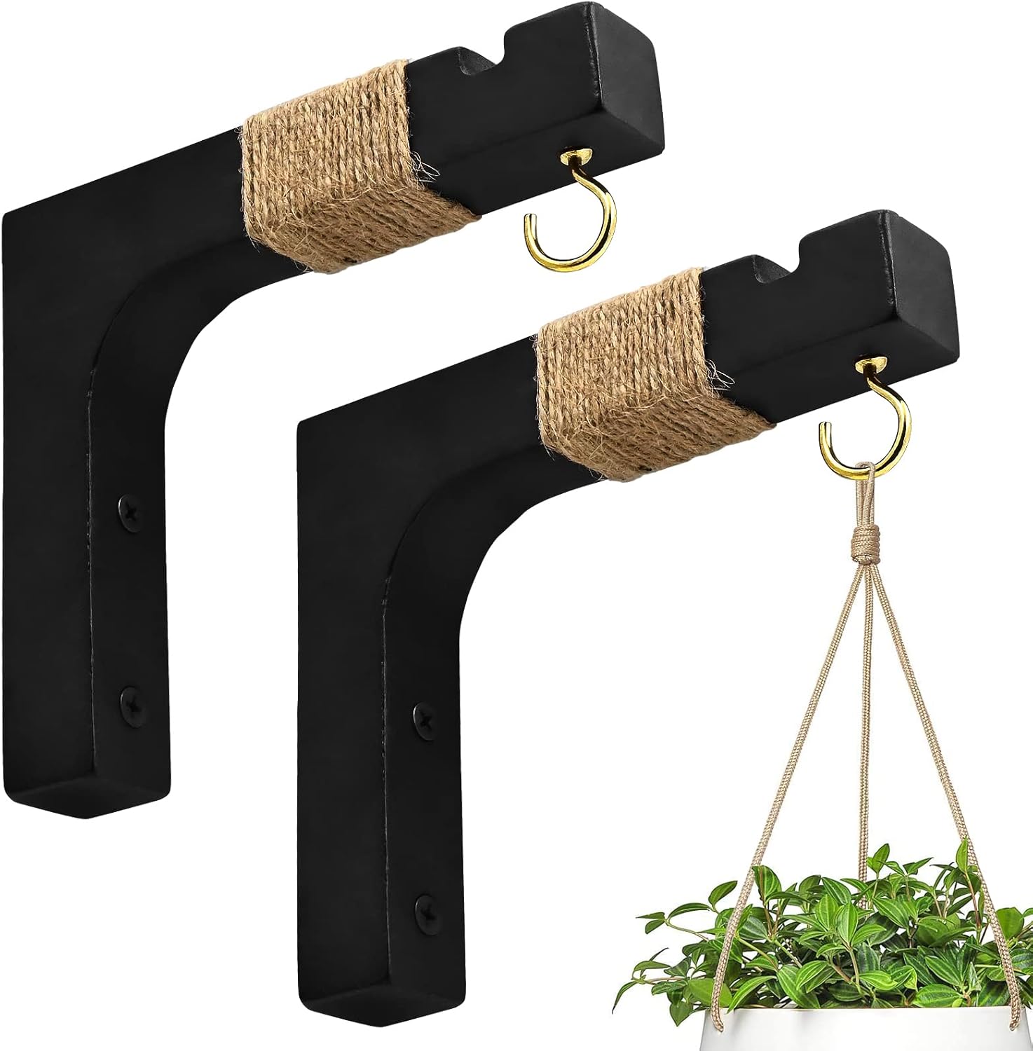 2 Pack Plant Hanger Hooks for Indoor Hanging Plants, Farmhouse Wooden Hanging Basket Wall Hooks for Outdoor Flower Pots Lanterns Wind Chime Lights Garden Decoration Black