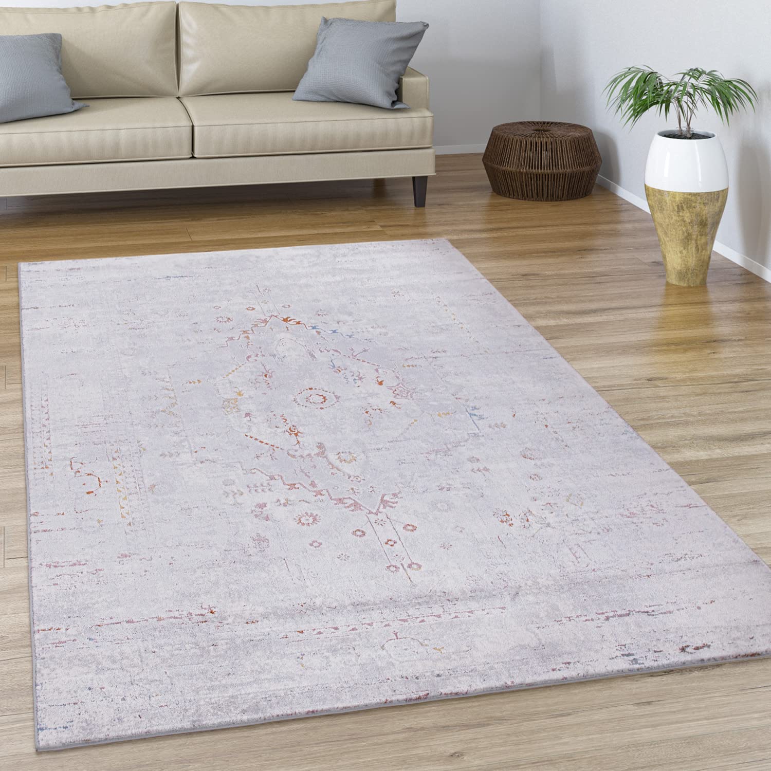 Paco Home Teppich Wohnzimmer Kurzflor Vintage Abstraktes Orientalisches Muster Modern Ornamente Bordüre, Grösse:80x150 cm, Farbe:Bunt