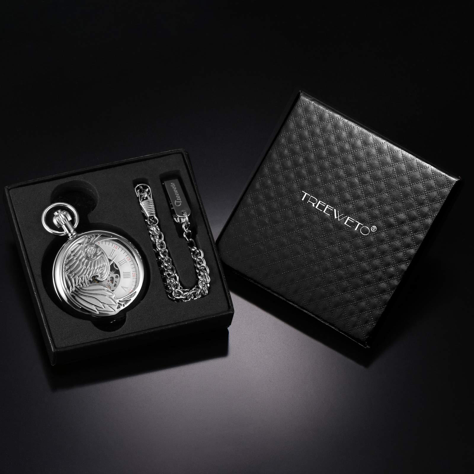 TREEWETO Reloj de Bolsillo Antiguo para Hombre con Cadena, Diseño Retro de Águila y Esqueleto, Mecánico, Cuerda Manual, Números Romanos, Color Plateado