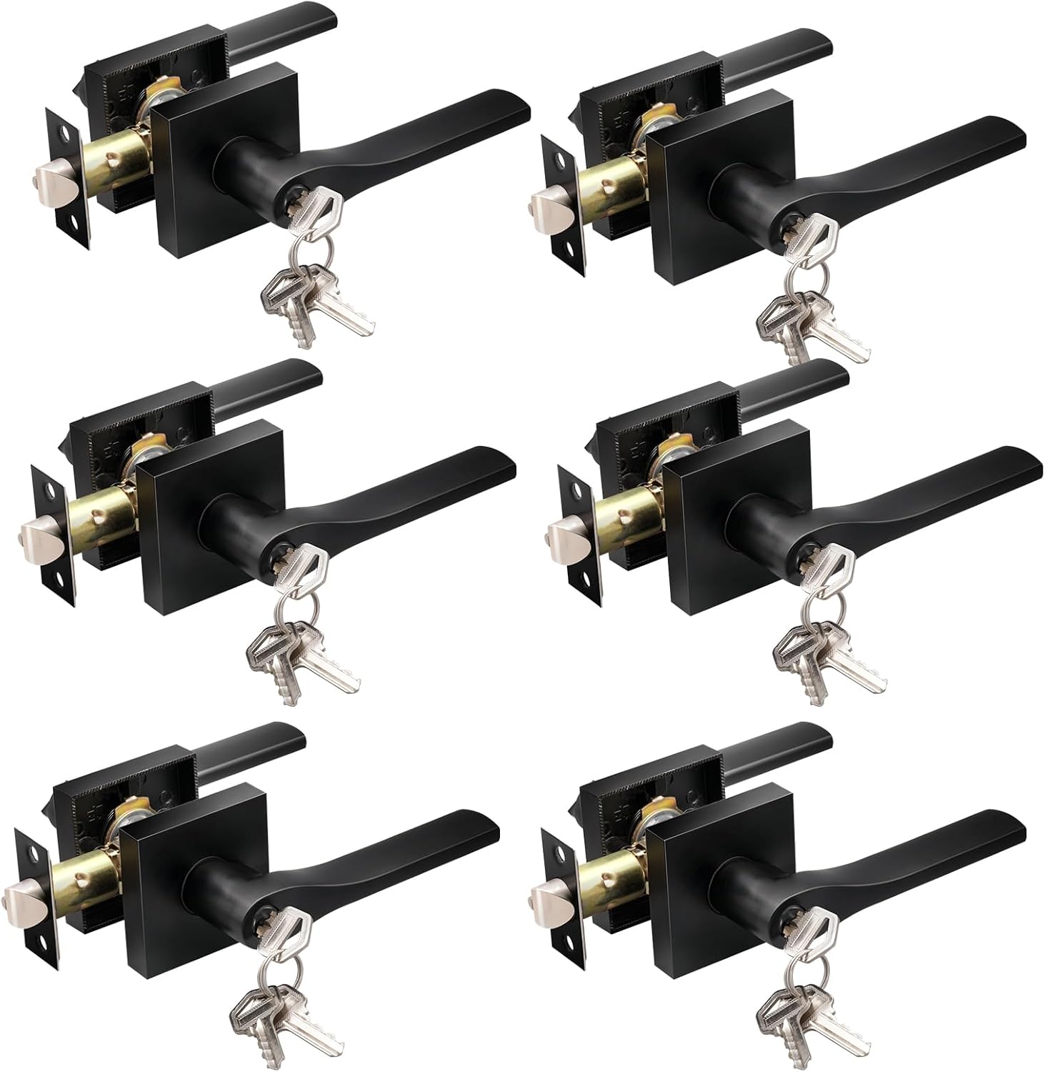 6 Pack Entry Door Lever with Lock and Different Keys,Matter Black Exterior Door Handle for Office and Front Door, Square Style Reverisble Bedroom Door Knobs with Lock